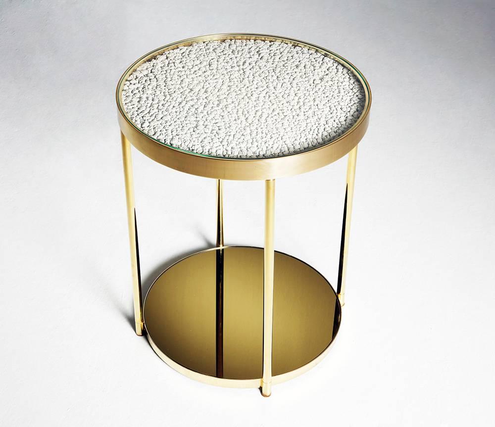 Modern Hemlock Side Table End Table Polished Brass and Gold Mirrored Glass For Sale