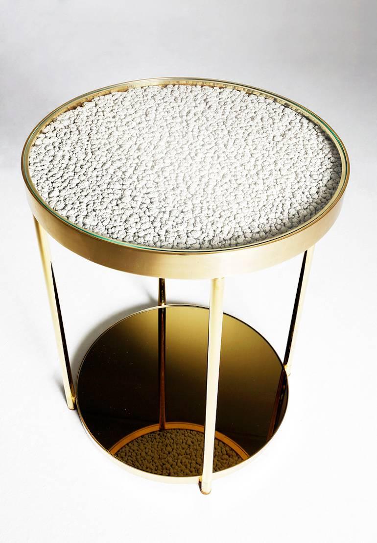 Lacquered Hemlock Side Table End Table Polished Brass and Gold Mirrored Glass For Sale