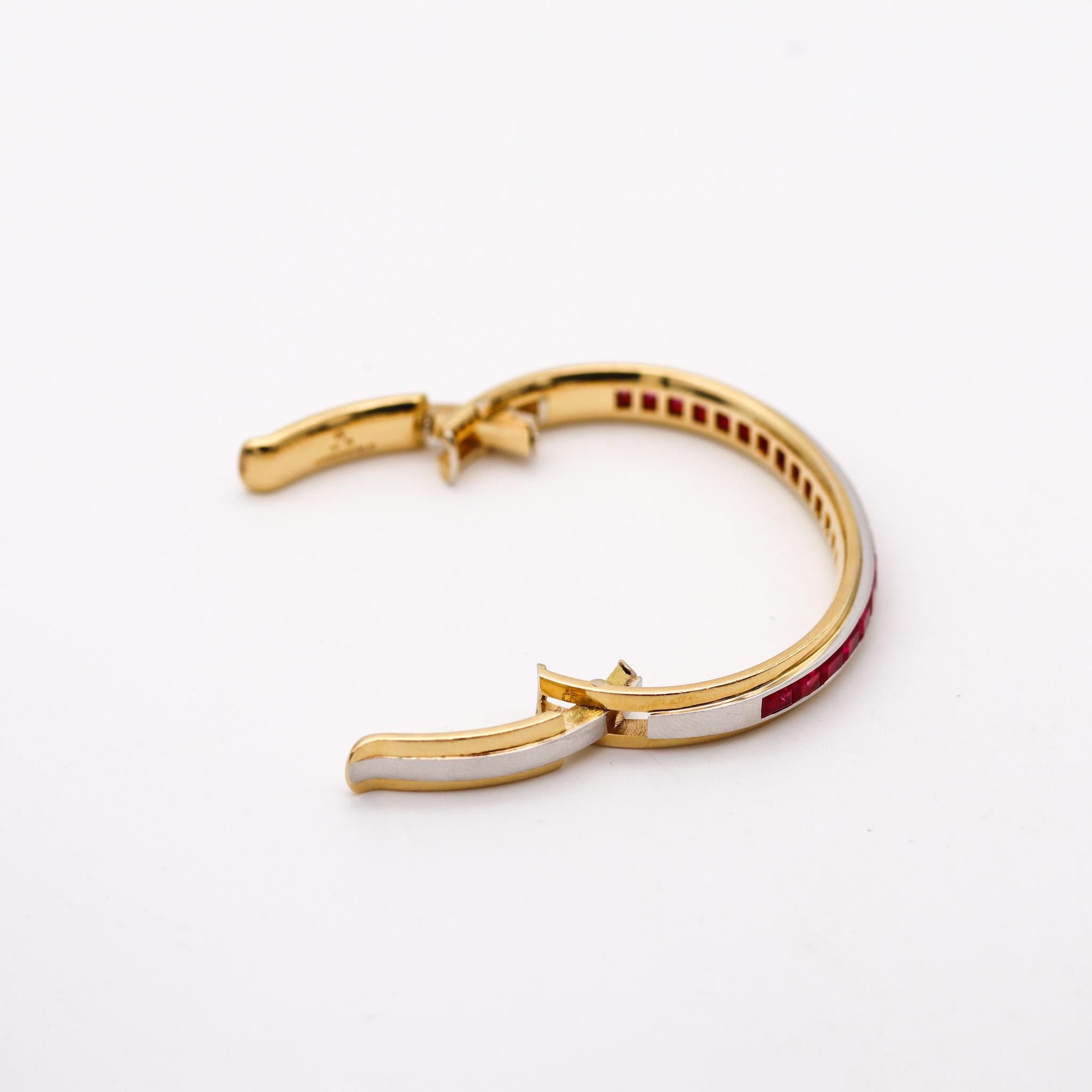 Square Cut Hemmerle Bangle Bracelet In 18Kt Gold And Platinum With 22.65 Ctw Red Rubies For Sale