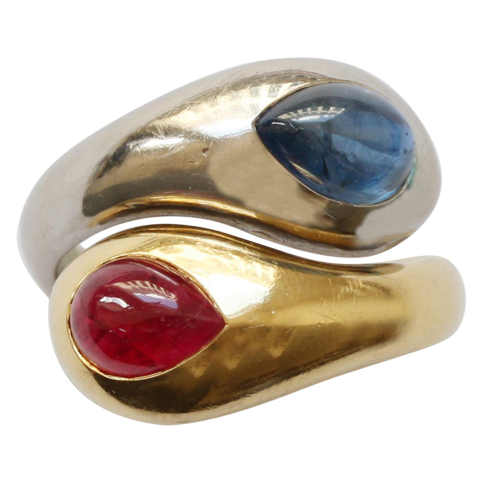 Hemmerle Bi-Color Gold Snake Ring Set with Sapphire and Ruby