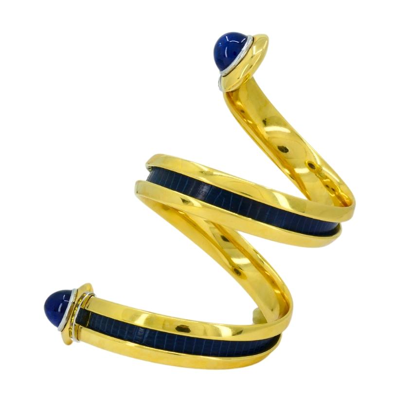 Bracciale Hemmerle Spiral Design Oro 18k Zaffiro Pelle Estate Jewelry in vendita 2