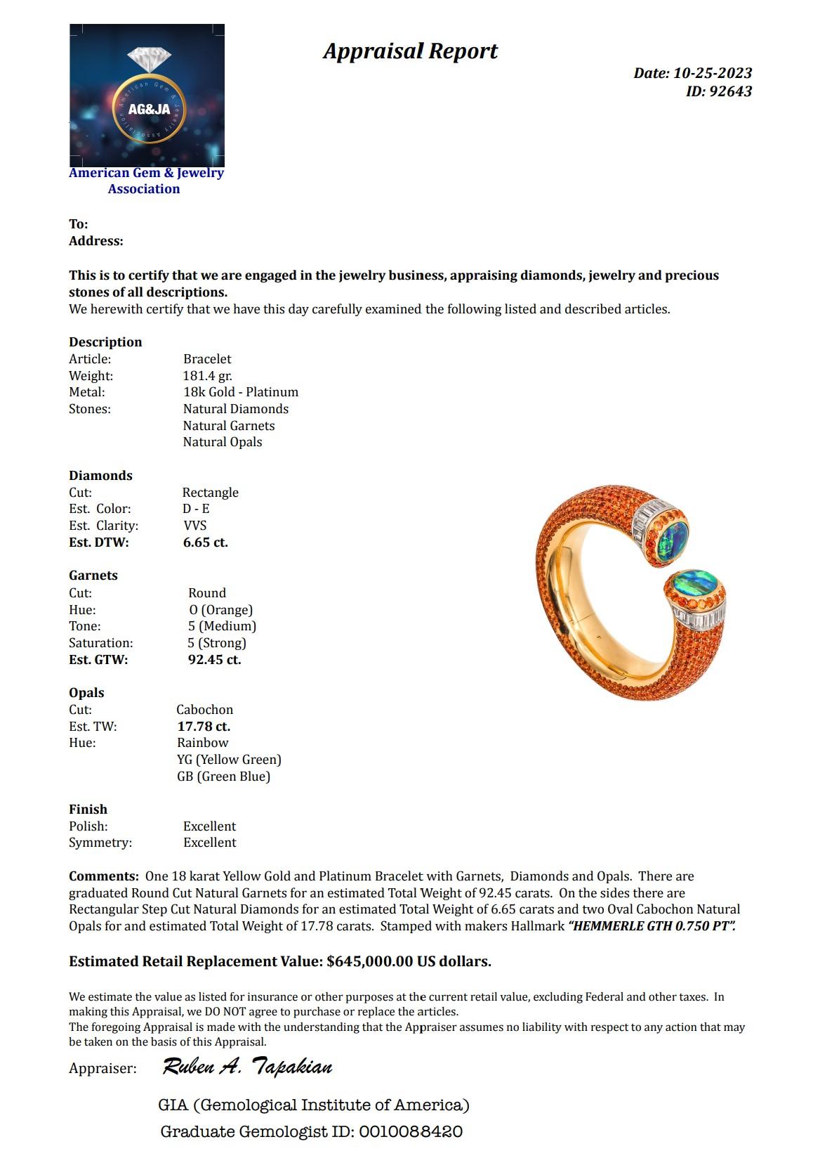 Hemmerle Mandarin Garnets Cuff Bracelet In 18Kt Gold Platinum Diamonds And Opals For Sale 5