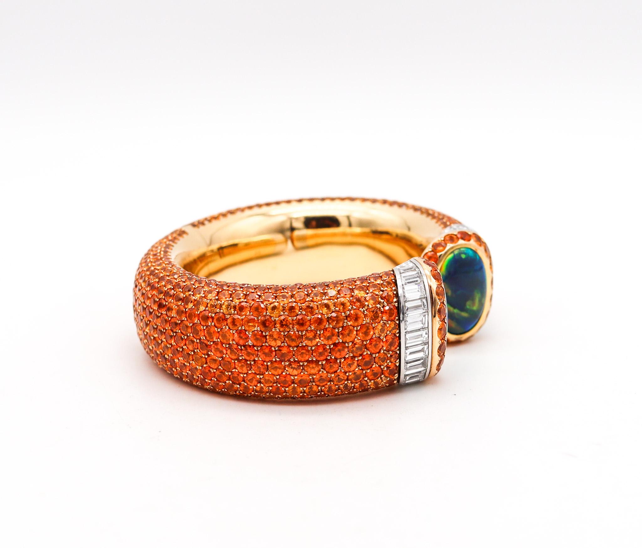Modern Hemmerle Mandarin Garnets Cuff Bracelet In 18Kt Gold Platinum Diamonds And Opals For Sale