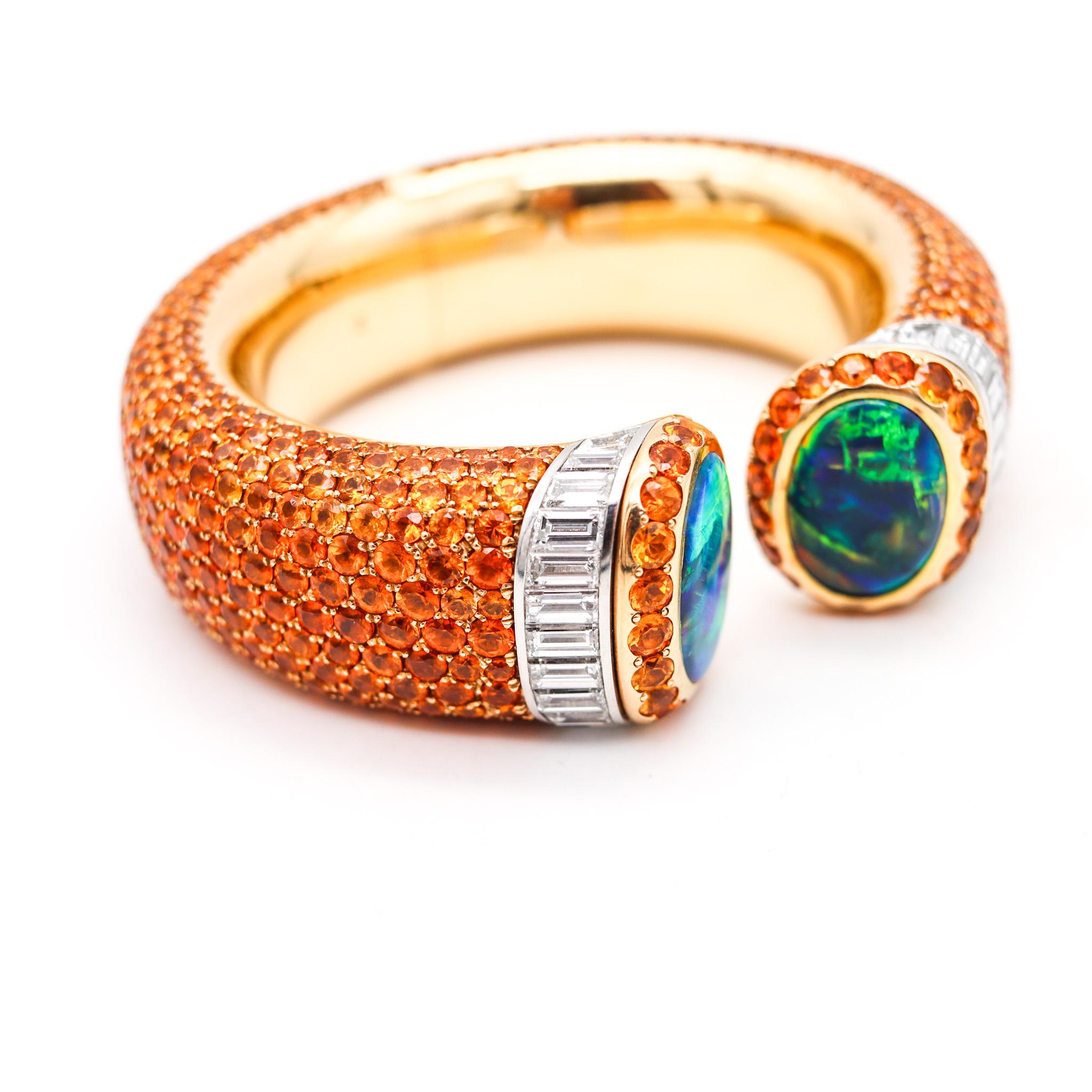 Mixed Cut Hemmerle Mandarin Garnets Cuff Bracelet In 18Kt Gold Platinum Diamonds And Opals For Sale