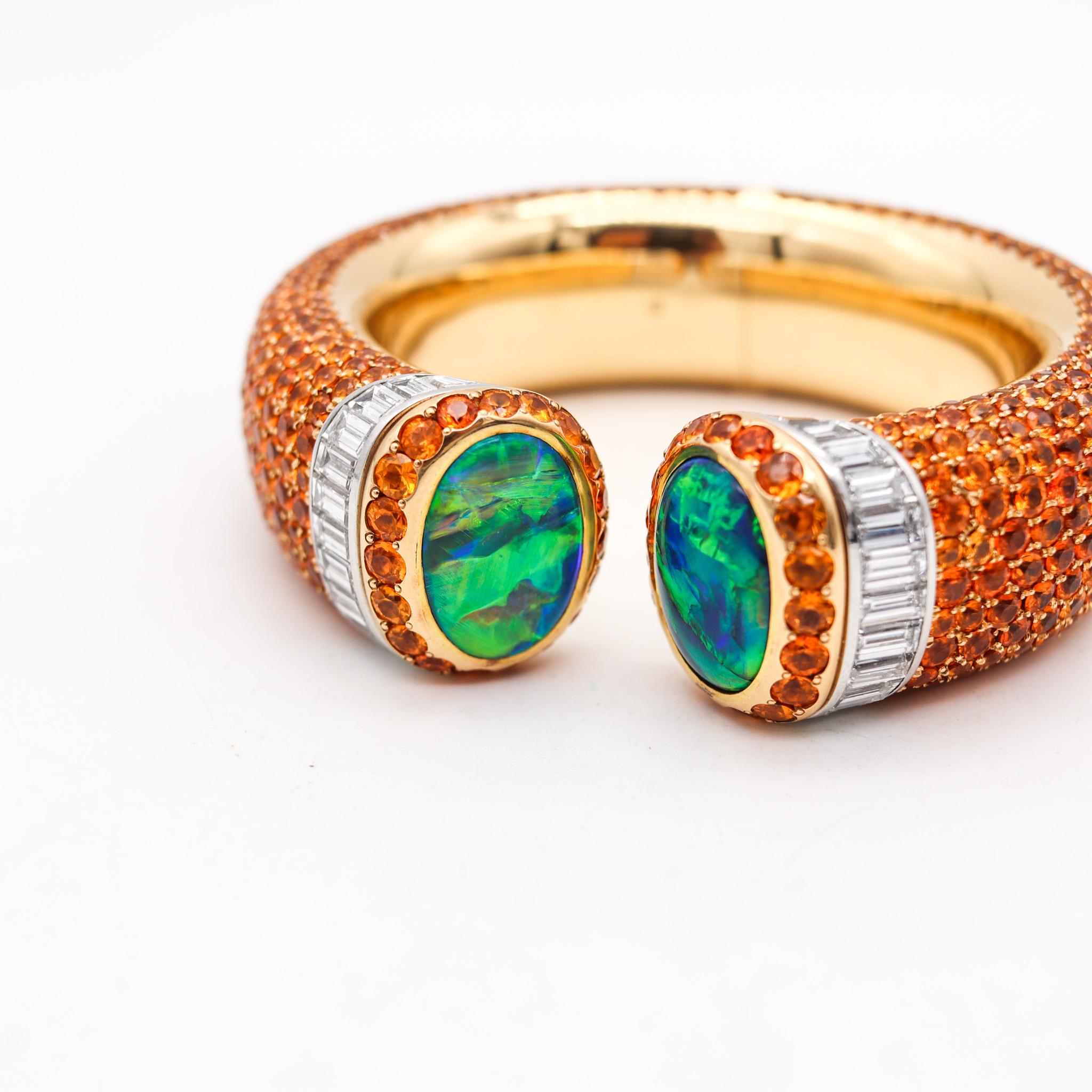 Hemmerle Mandarin Garnets Cuff Bracelet In 18Kt Gold Platinum Diamonds And Opals In Excellent Condition For Sale In Miami, FL