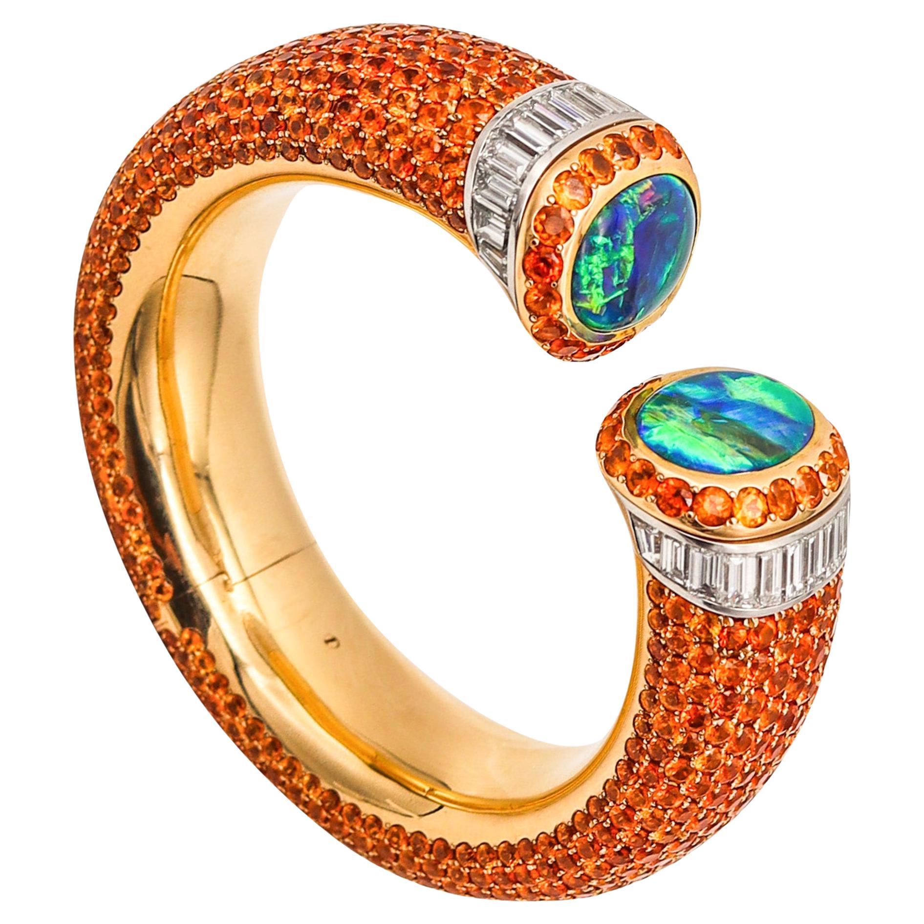 Hemmerle Mandarin Garnets Cuff Bracelet In 18Kt Gold Platinum Diamonds And Opals For Sale