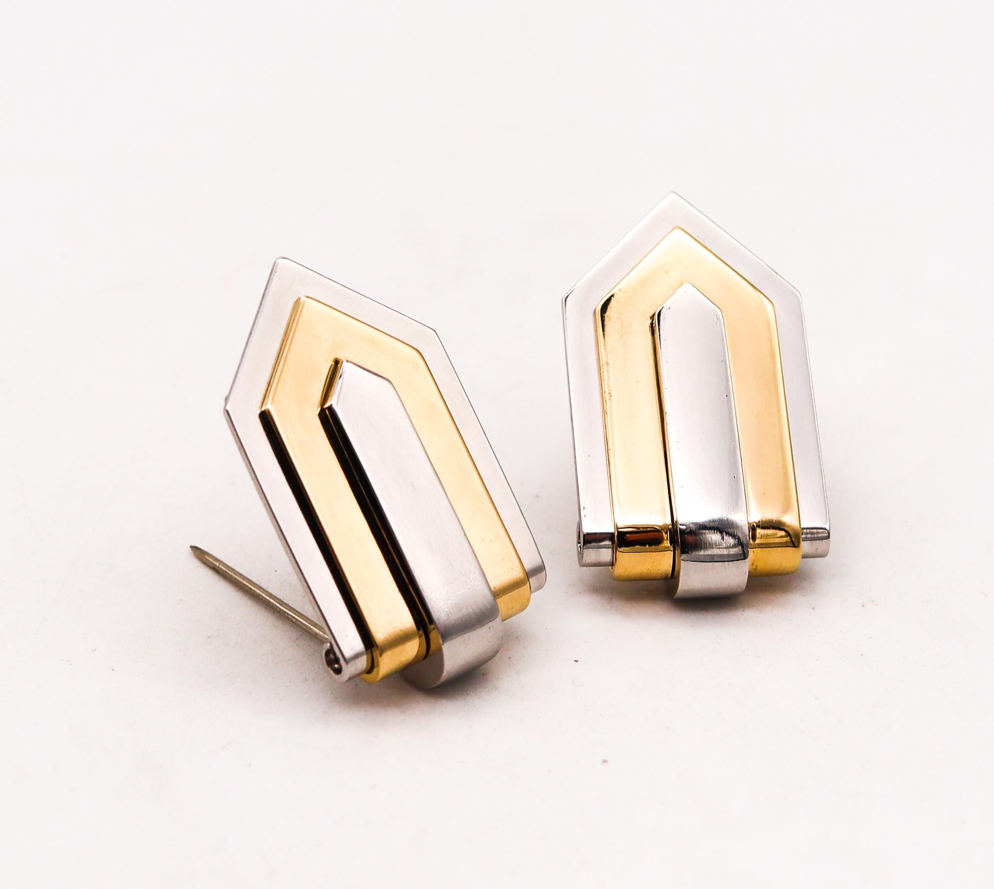 Art Deco Hemmerle Munich 1970 Geometric Pair of Dress Clips in 18Kt Gold and Platinum For Sale