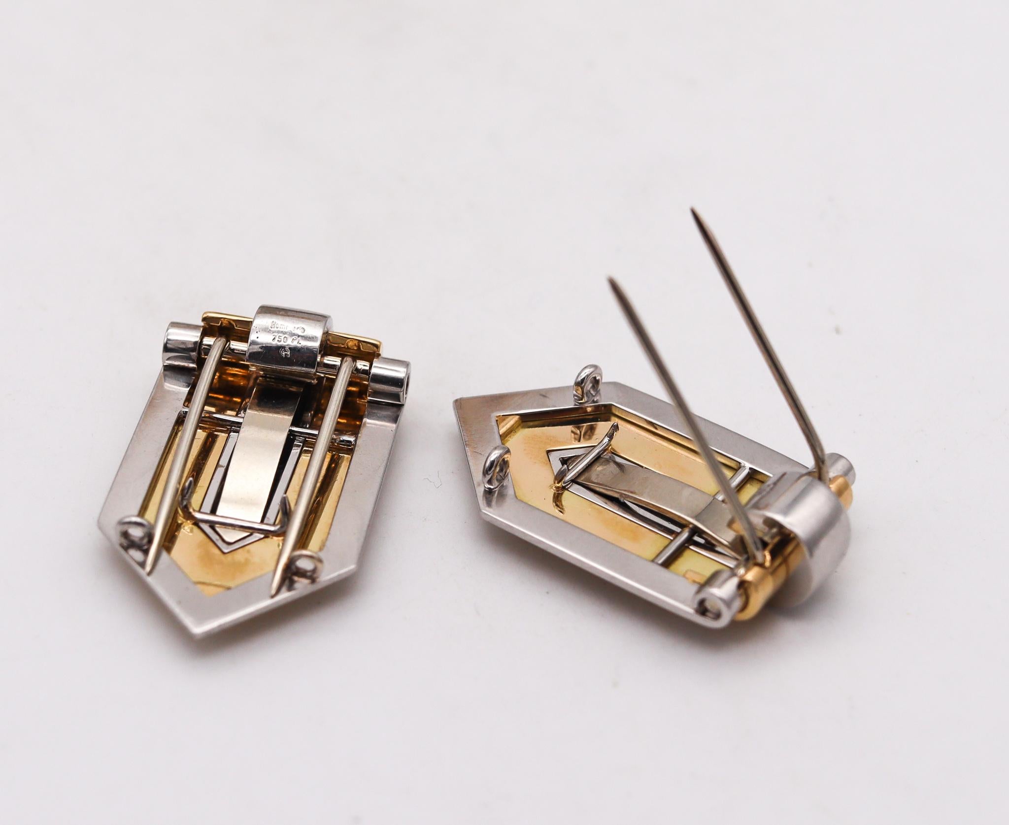Hemmerle Munich 1970 Geometric Pair of Dress Clips in 18Kt Gold and Platinum For Sale 2