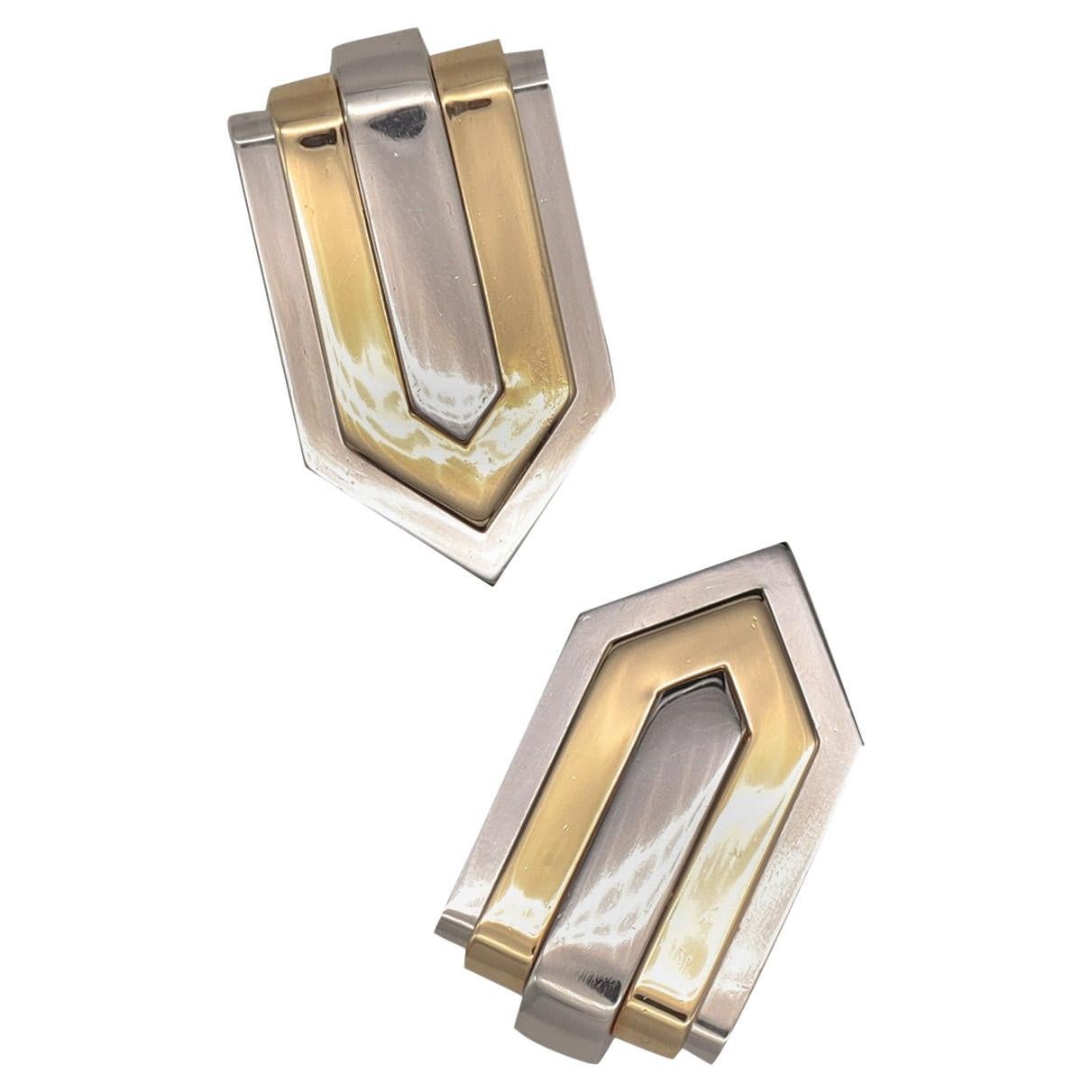 Hemmerle Munich 1970 Geometric Pair of Dress Clips in 18Kt Gold and Platinum For Sale