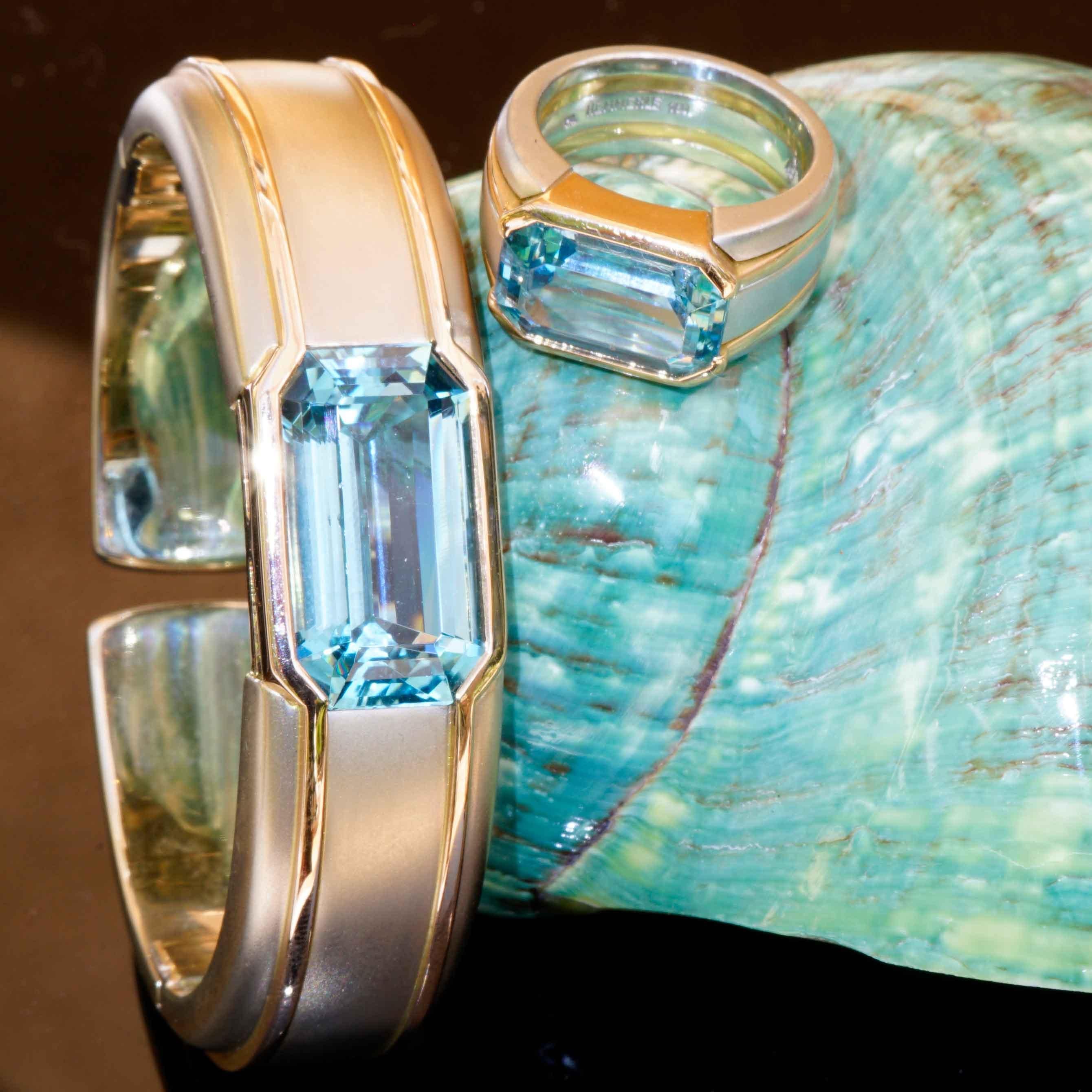 Hemmerle Munich Pulsera y Anillo y 25 ct Santa Maria Color precioso Aquamarin Corte baguette en venta