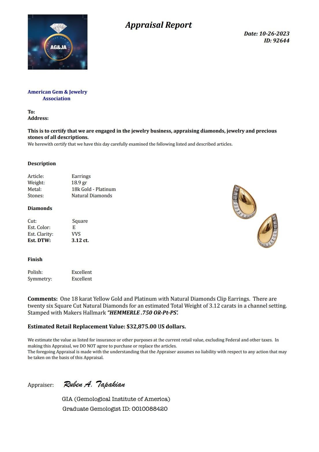 Hemmerle Münchener Clips-Ohrringe aus 18 Karat Gold und Platin mit 3,12 Karat Diamanten Damen im Angebot