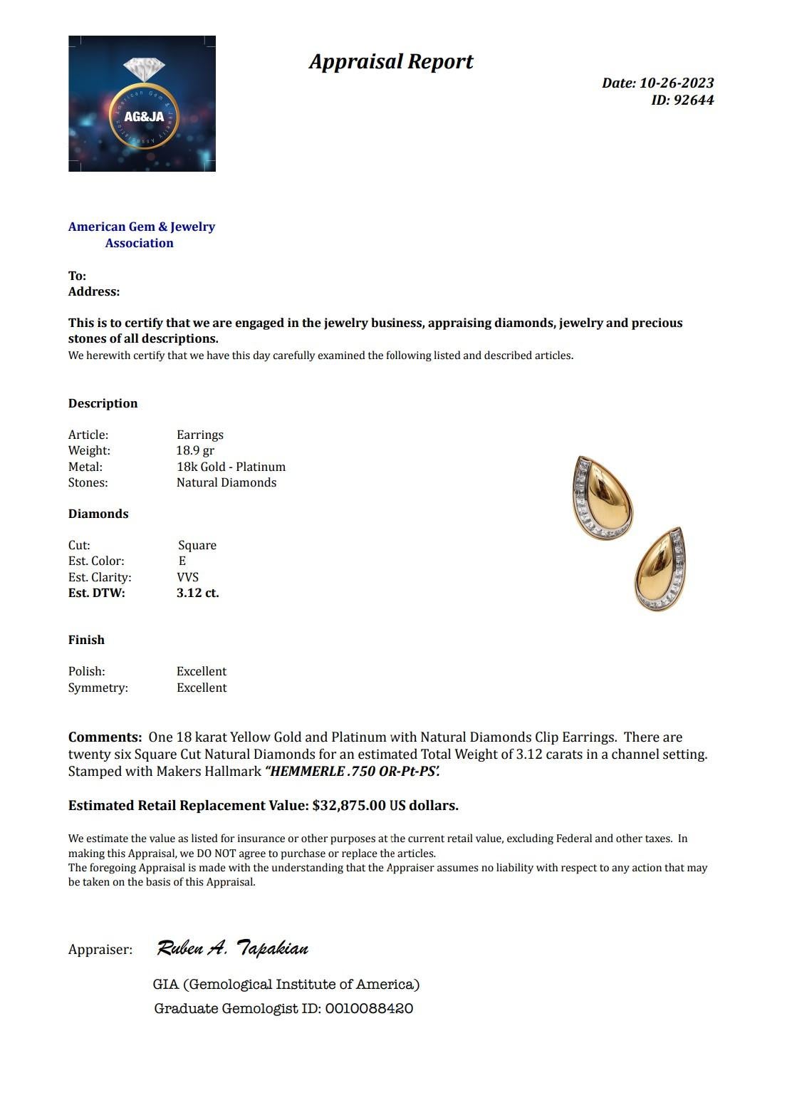 Hemmerle Münchener Clips-Ohrringe aus 18 Karat Gold und Platin mit 3,12 Karat Diamanten (Französischer Schliff) im Angebot