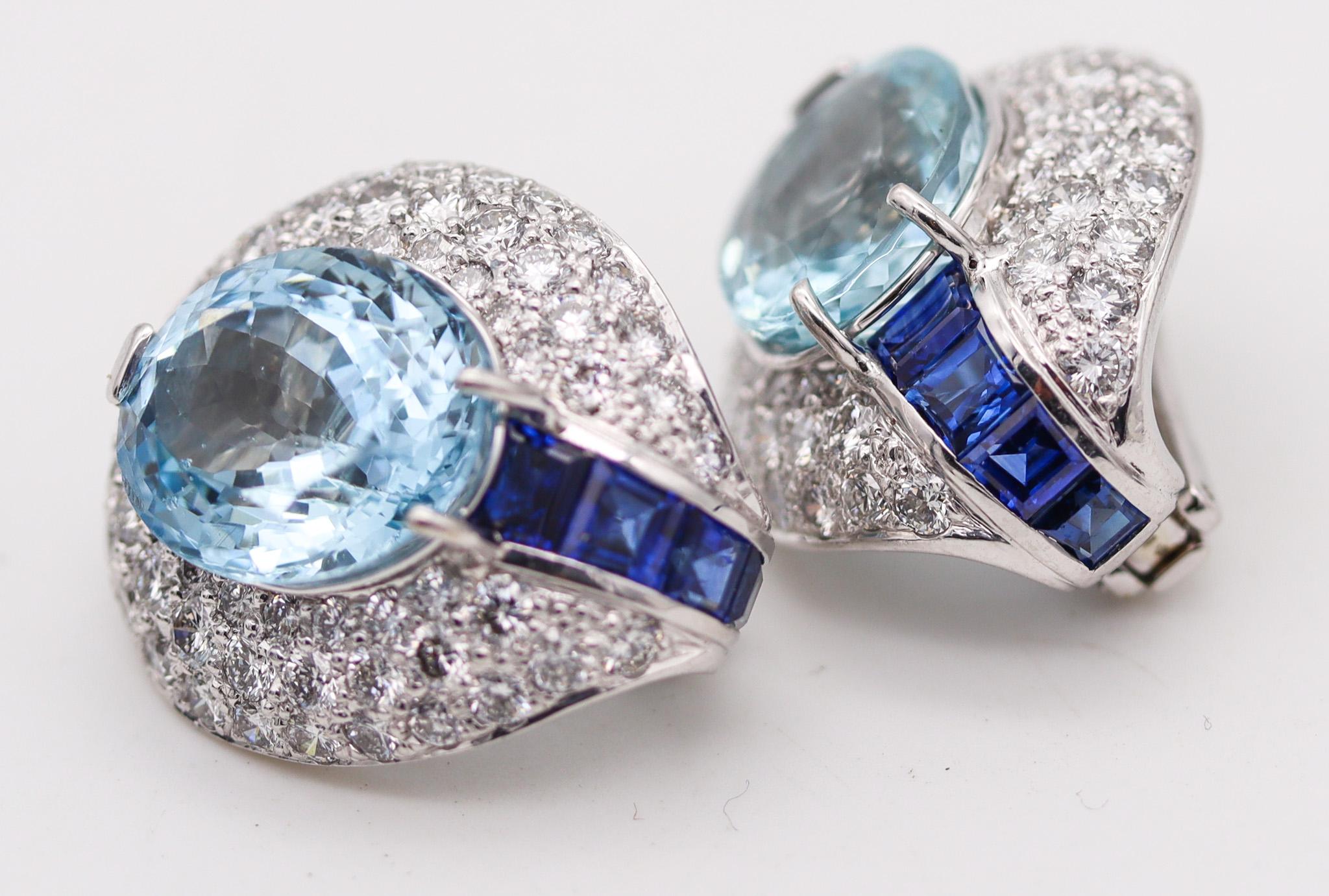 Modernist Hemmerle Munich Platinum Earrings With 30.58 Ctw Aquamarines Diamonds Sapphires For Sale