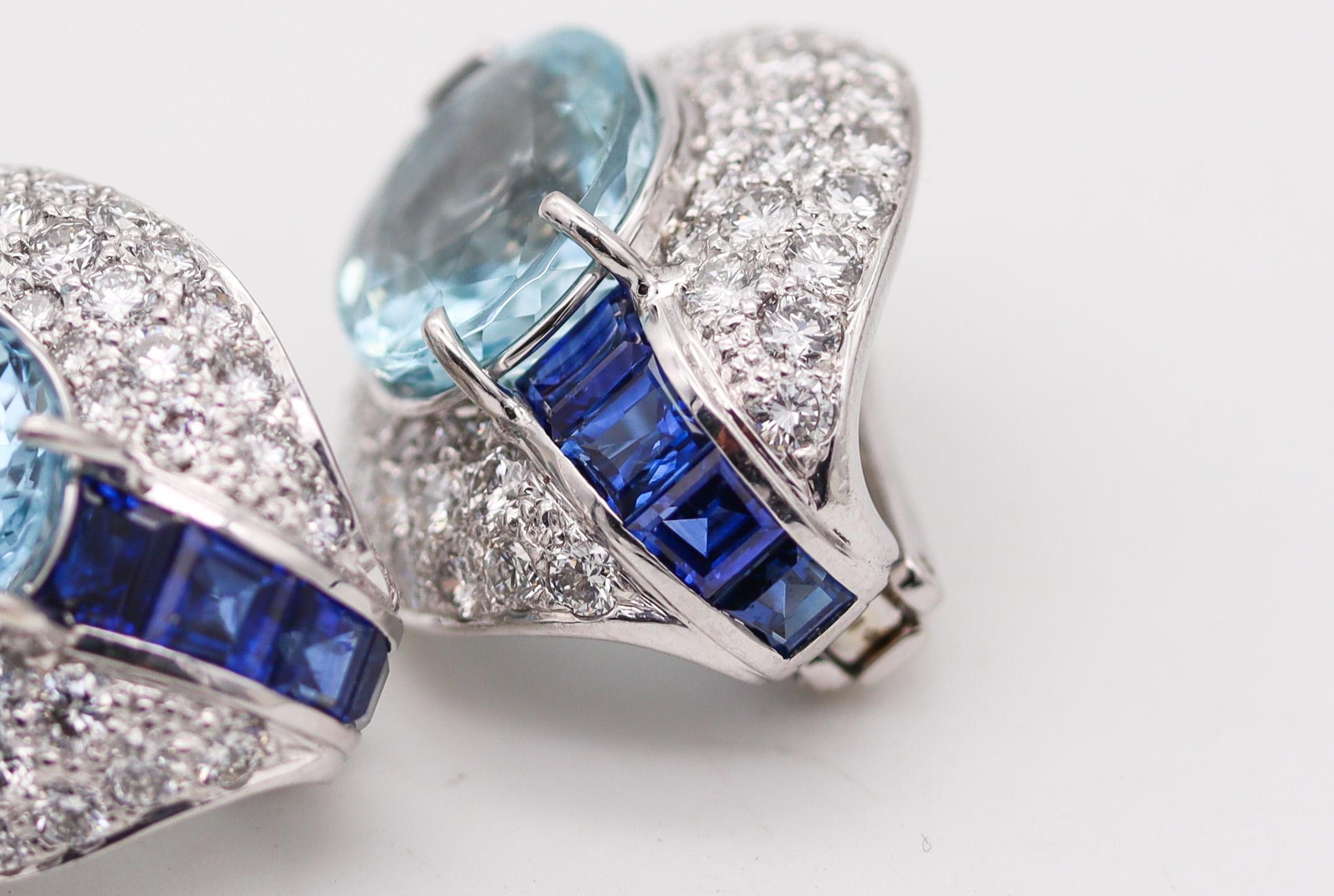Oval Cut Hemmerle Munich Platinum Earrings With 30.58 Ctw Aquamarines Diamonds Sapphires For Sale