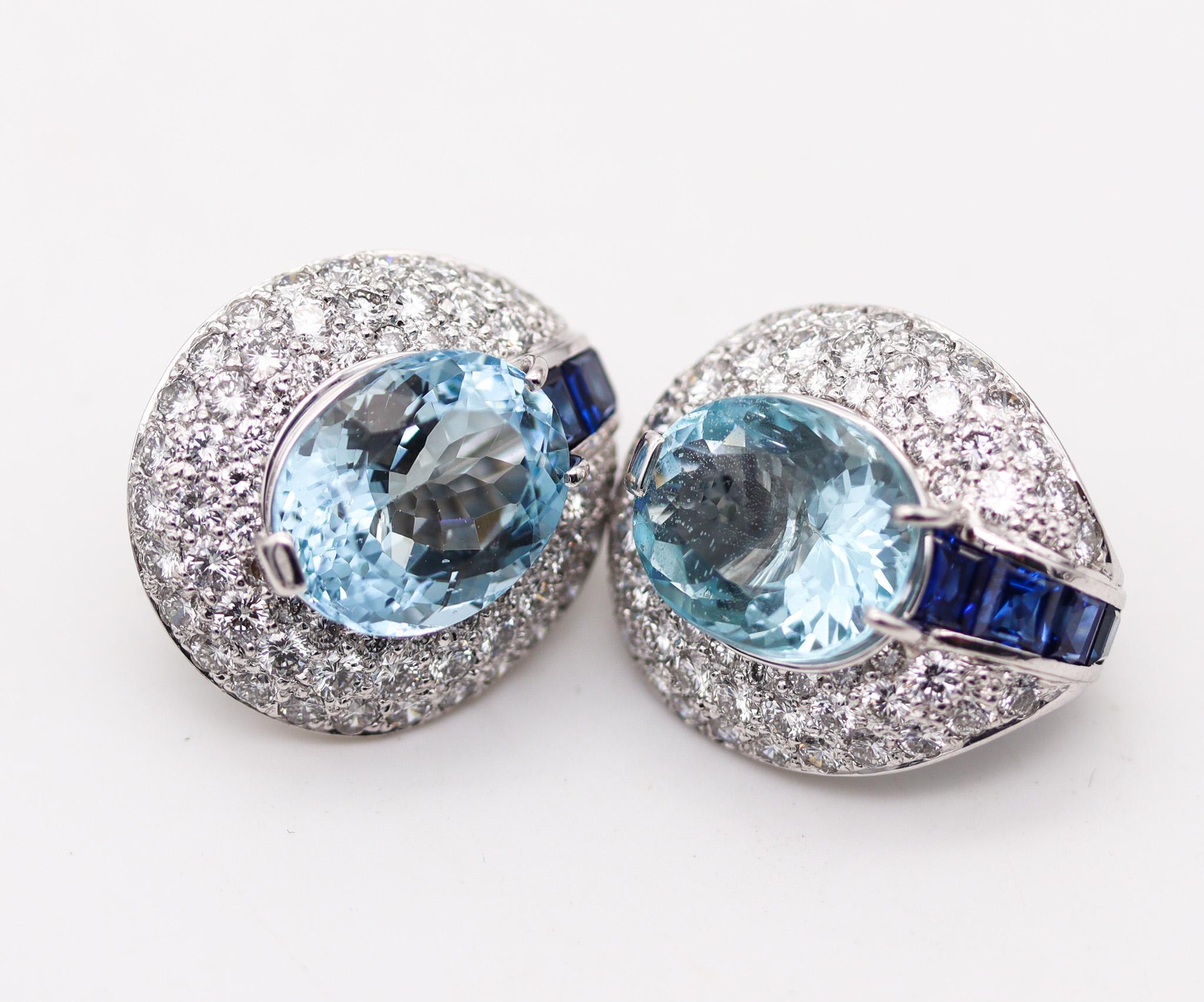 Hemmerle Munich Platinum Earrings With 30.58 Ctw Aquamarines Diamonds Sapphires In Excellent Condition For Sale In Miami, FL