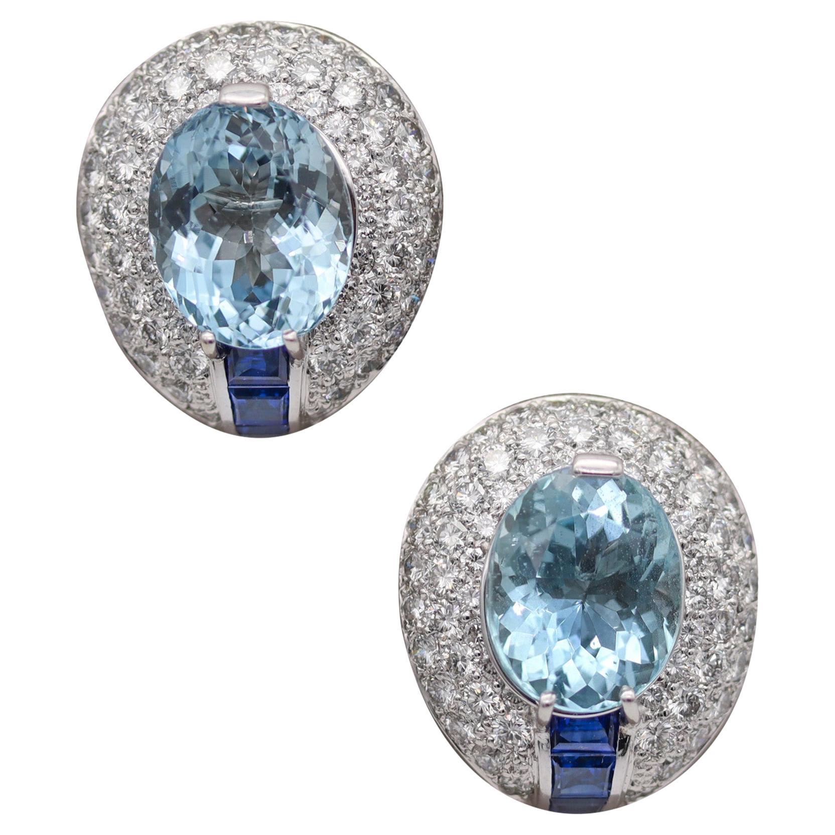 Hemmerle Munich Platinum Earrings With 30.58 Ctw Aquamarines Diamonds Sapphires For Sale