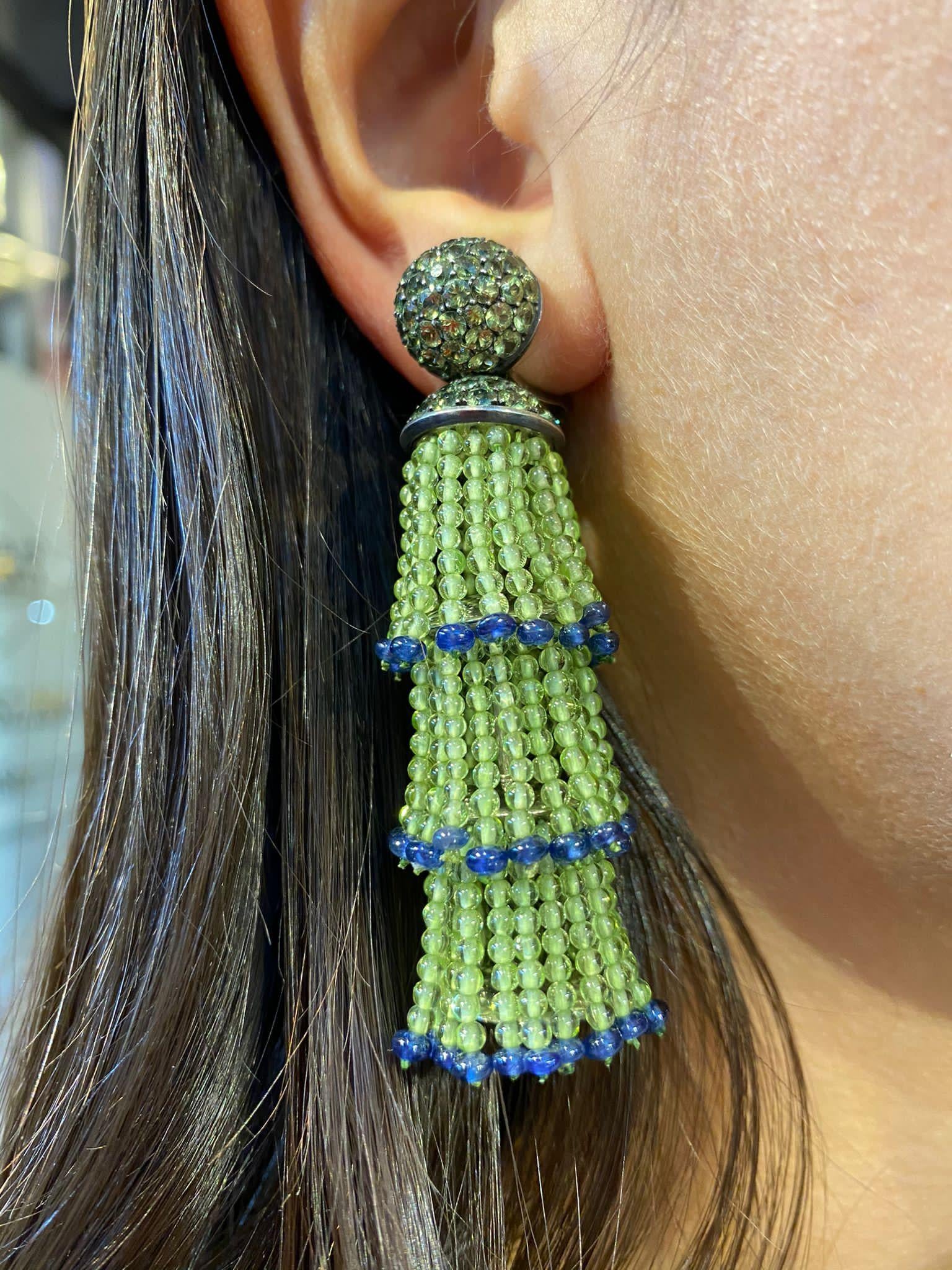 Hemmerle Peridot & Sapphire Tassel Earrings  In Excellent Condition In New York, NY
