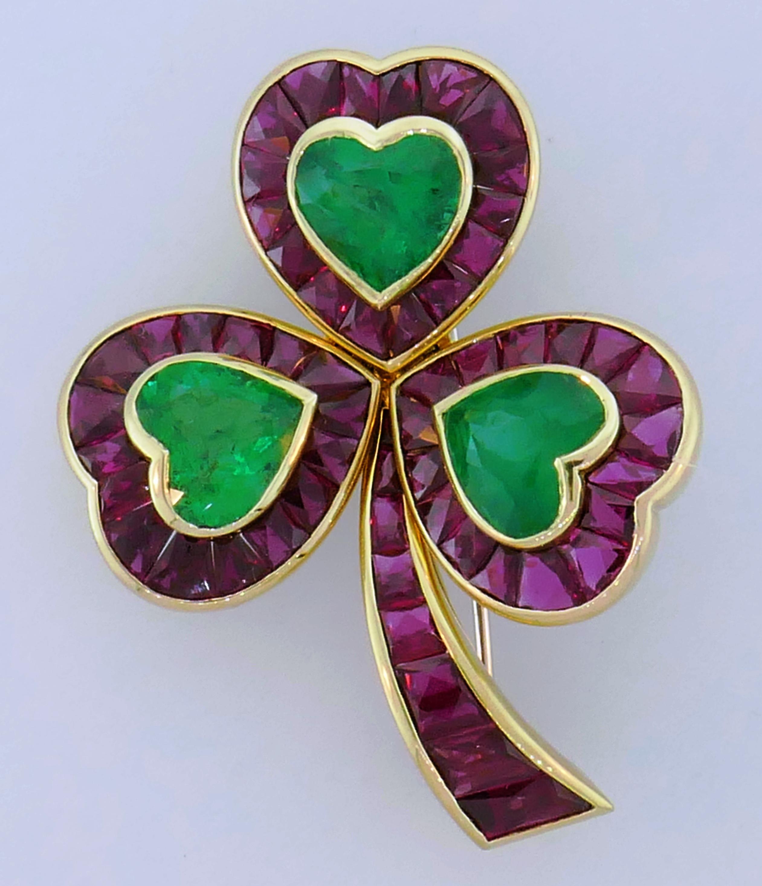 Hemmerle Ruby Emerald Gold Clover Clip Pin Brooch For Sale 2