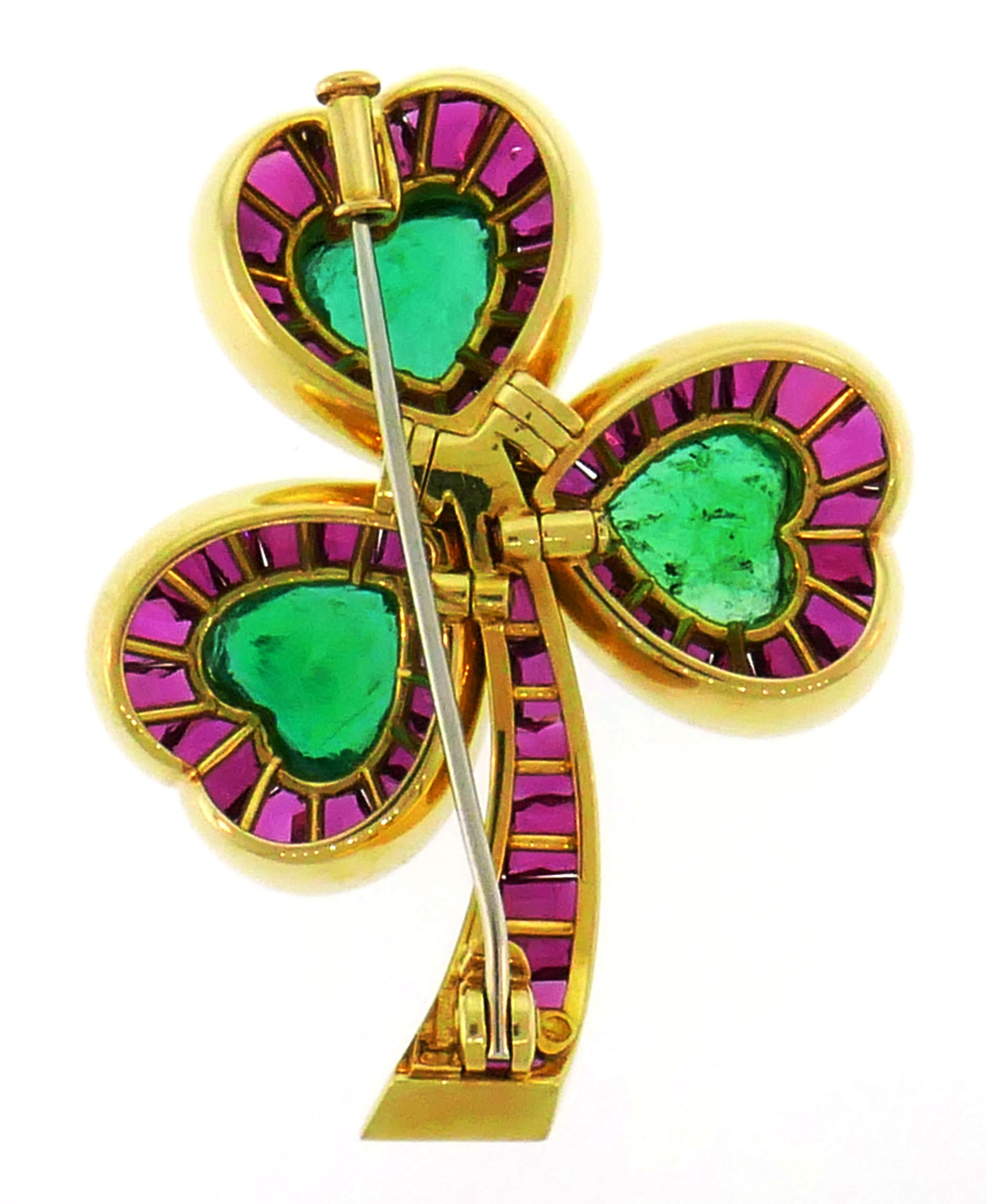Hemmerle Ruby Emerald Gold Clover Clip Pin Brooch For Sale 4