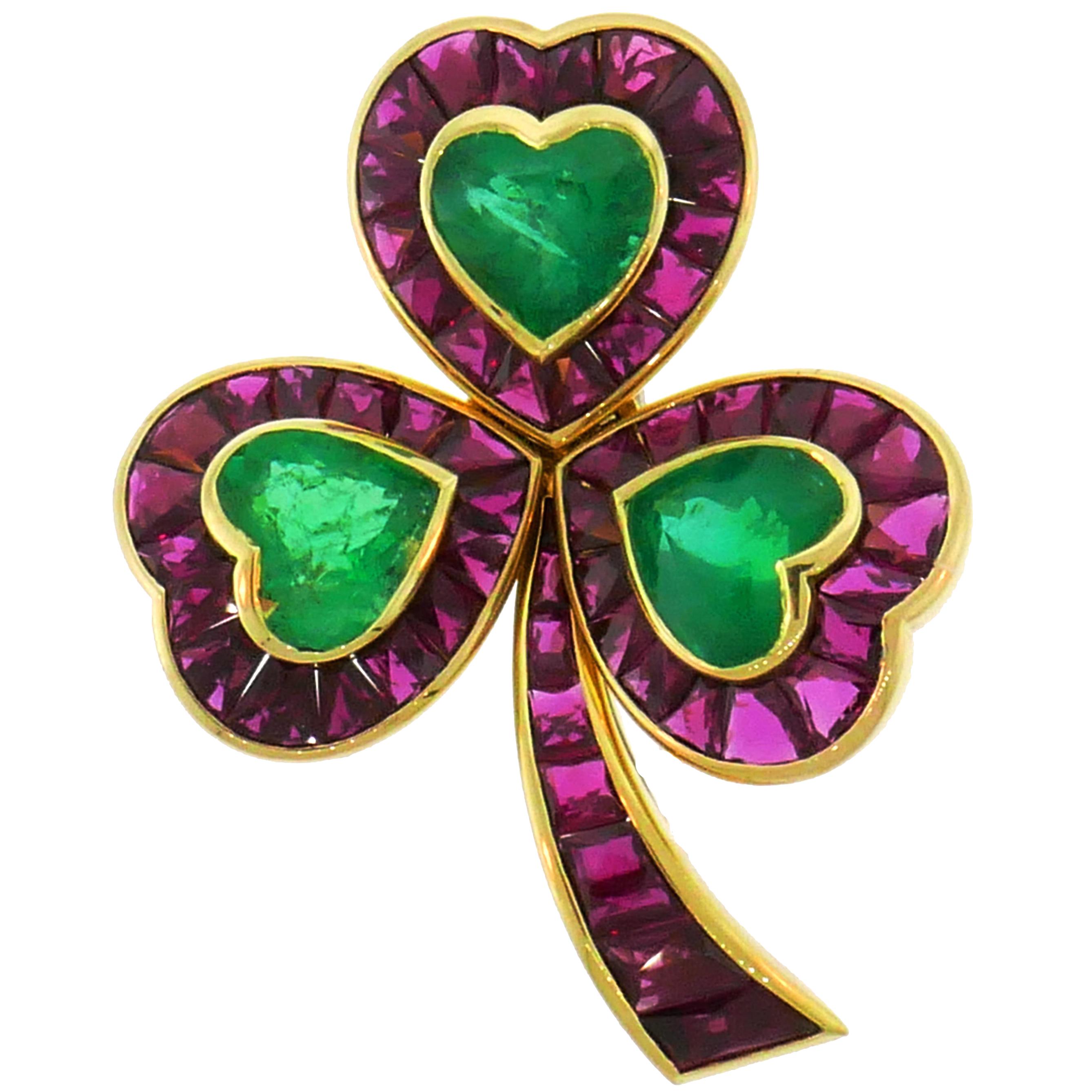 Hemmerle Ruby Emerald Gold Clover Clip Pin Brooch For Sale
