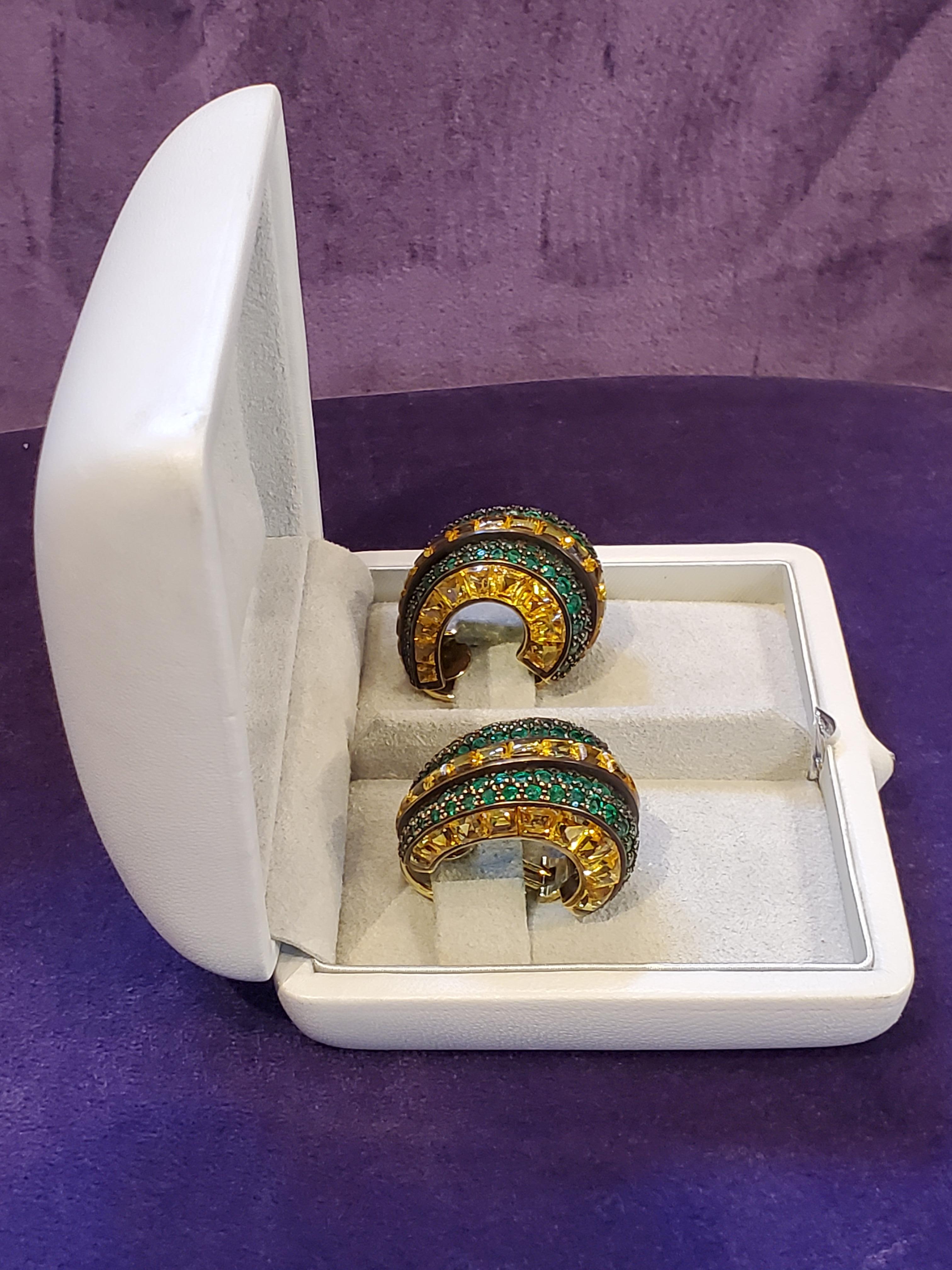 Modern Hemmerle Yellow Sapphire and Emerald Earrings For Sale