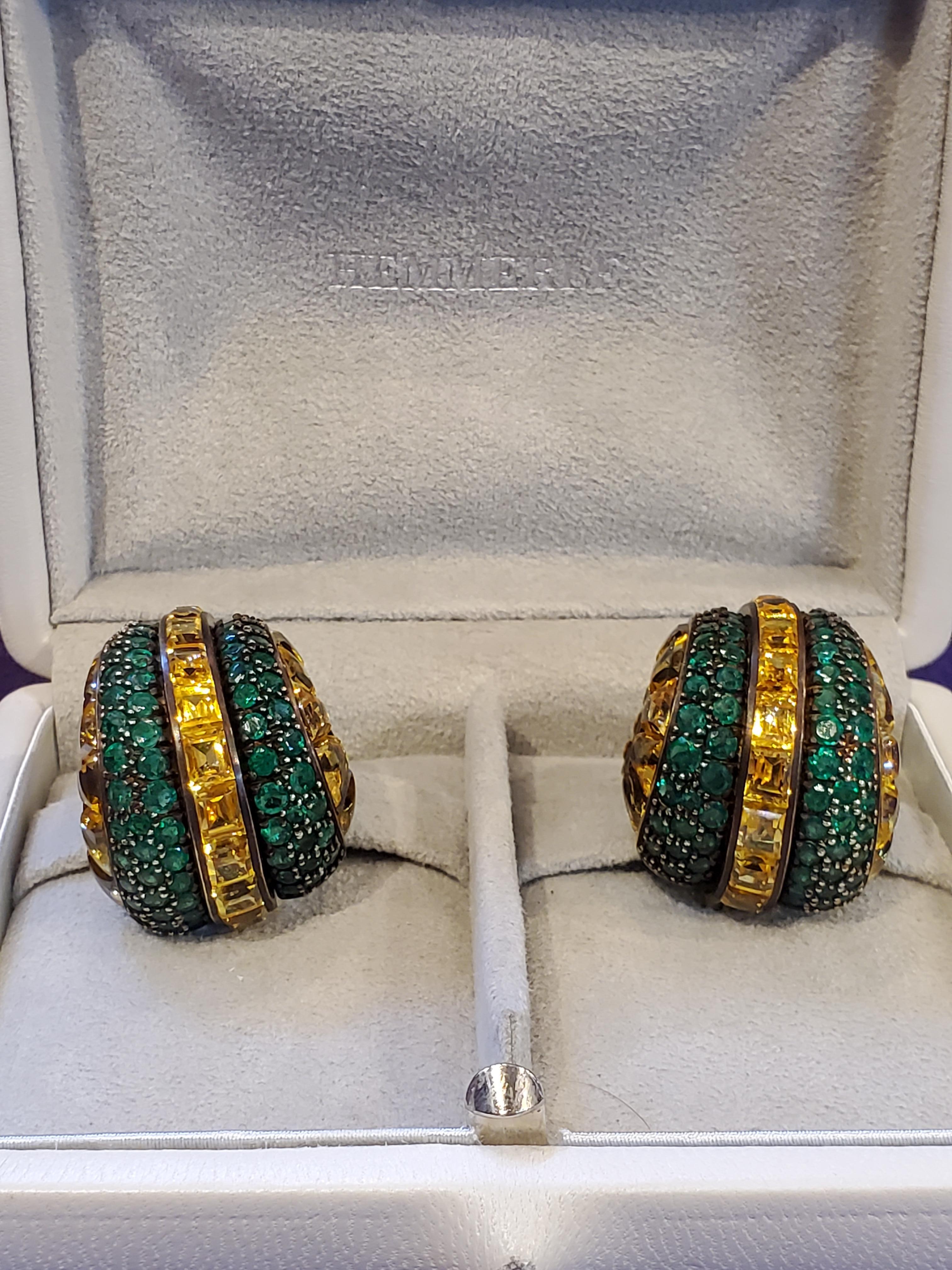 Hemmerle Yellow Sapphire and Emerald Earrings In Excellent Condition For Sale In New York, NY