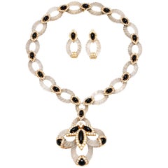 Hammerman Bros Elegant Onyx Crystal Gold Earrings and Necklace For Sale ...