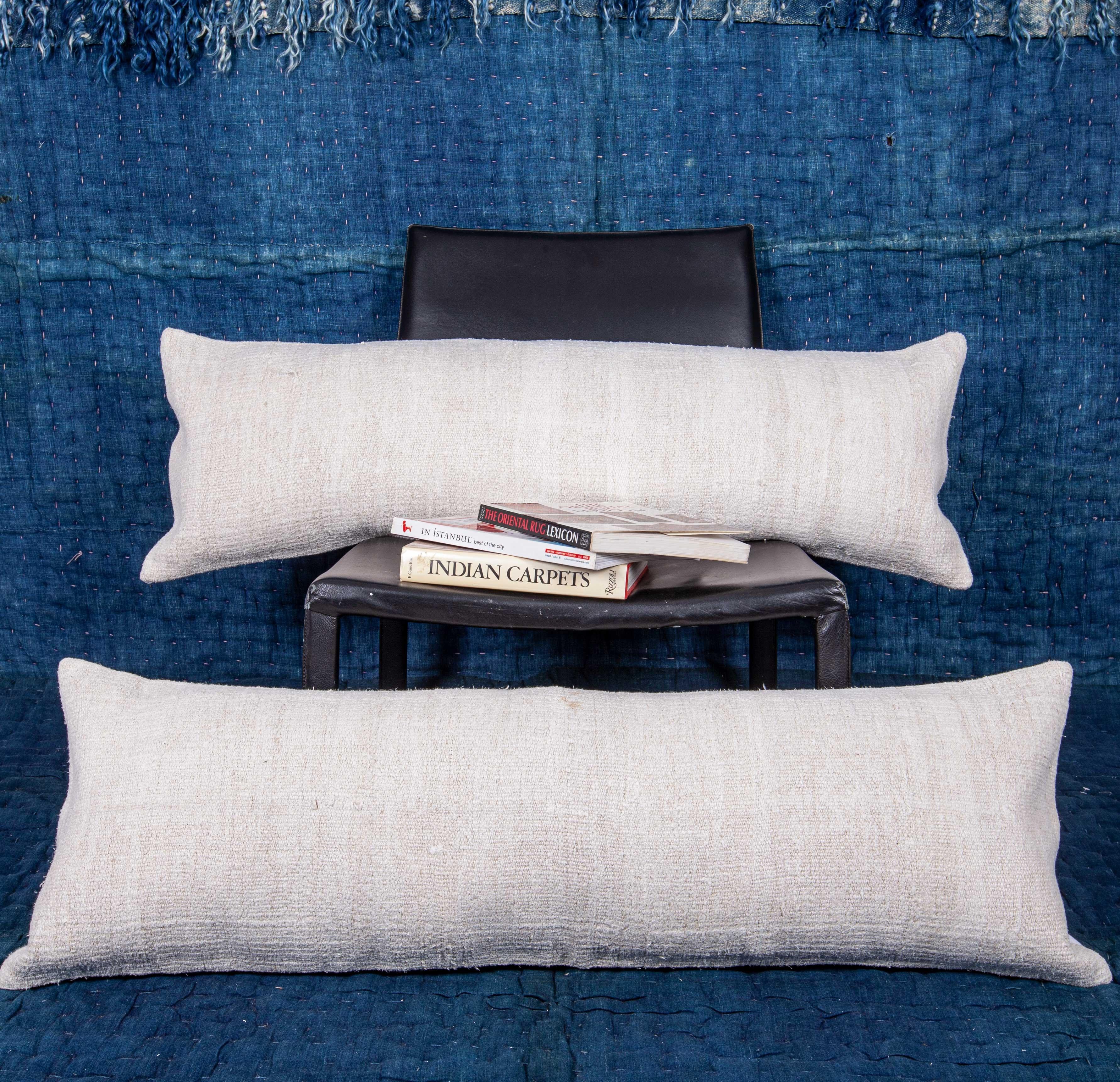 Hand-Woven Hemp Lumbar Pillow Cases Made from a Mid-20th Century Turkish Hemp Kilim