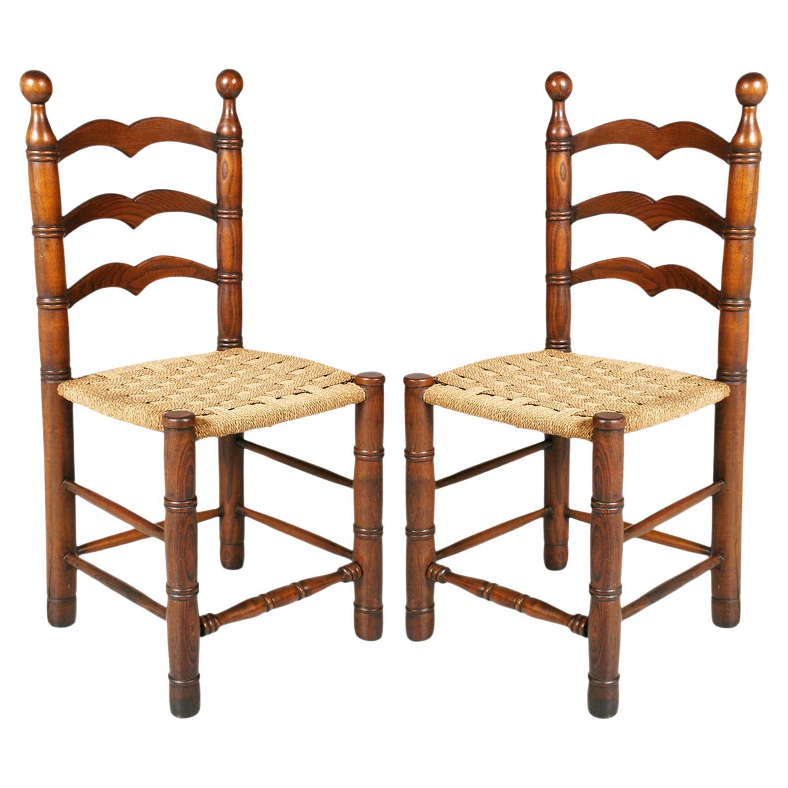 Hemp Rope and Oak Brutalist Chairs by Charles Dudouyt, 1940s, Set of 2