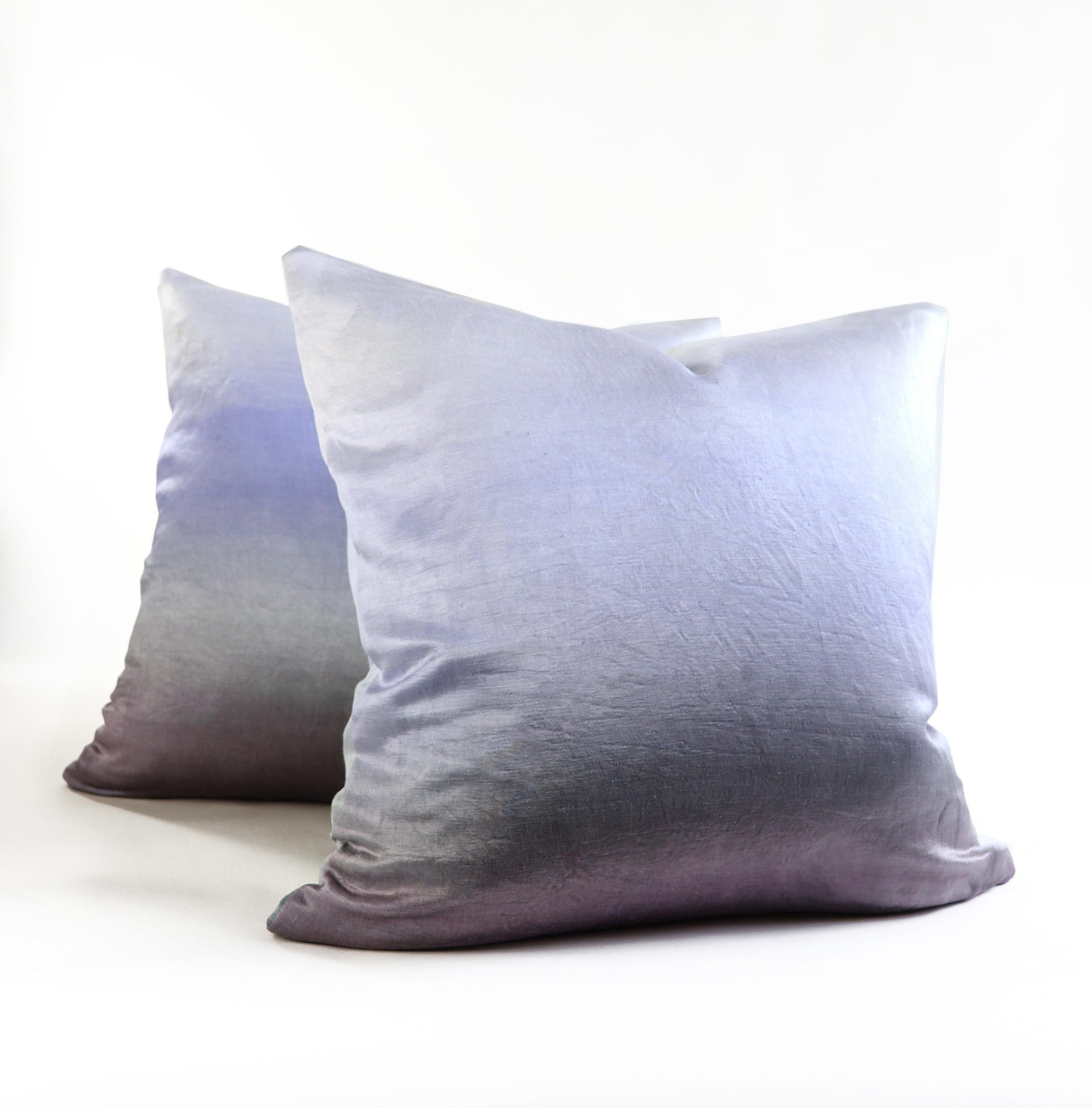Each side of this lustrous throw pillow is hand dyed in our Brooklyn studio, applied using large brushes to create exceptional color gradients. The fabric is 60% hemp and 40% silk. Hemp is a quick growing crop which does not require pesticides and