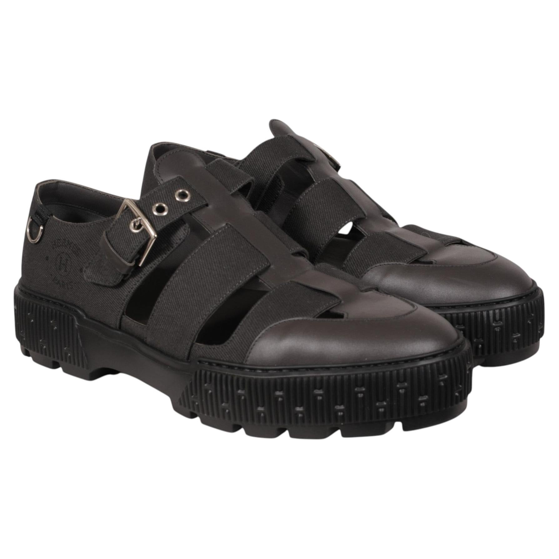 Hemres Männer Artikel Sandalen Größe US 12 IT 45 Schwarz Leder Segeltuch Schnallenriemen
