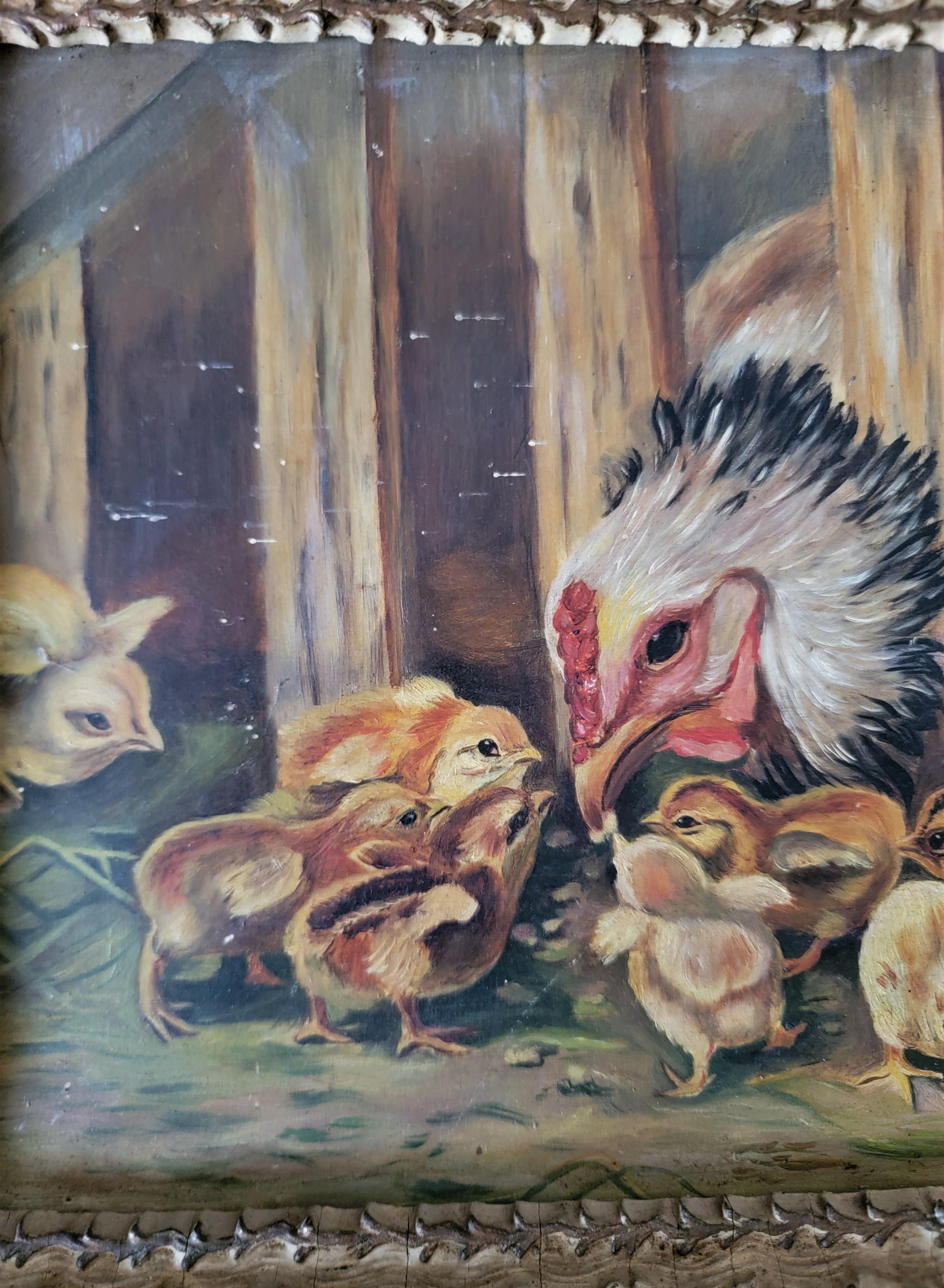 American Hen and Chick Oil Painting For Sale