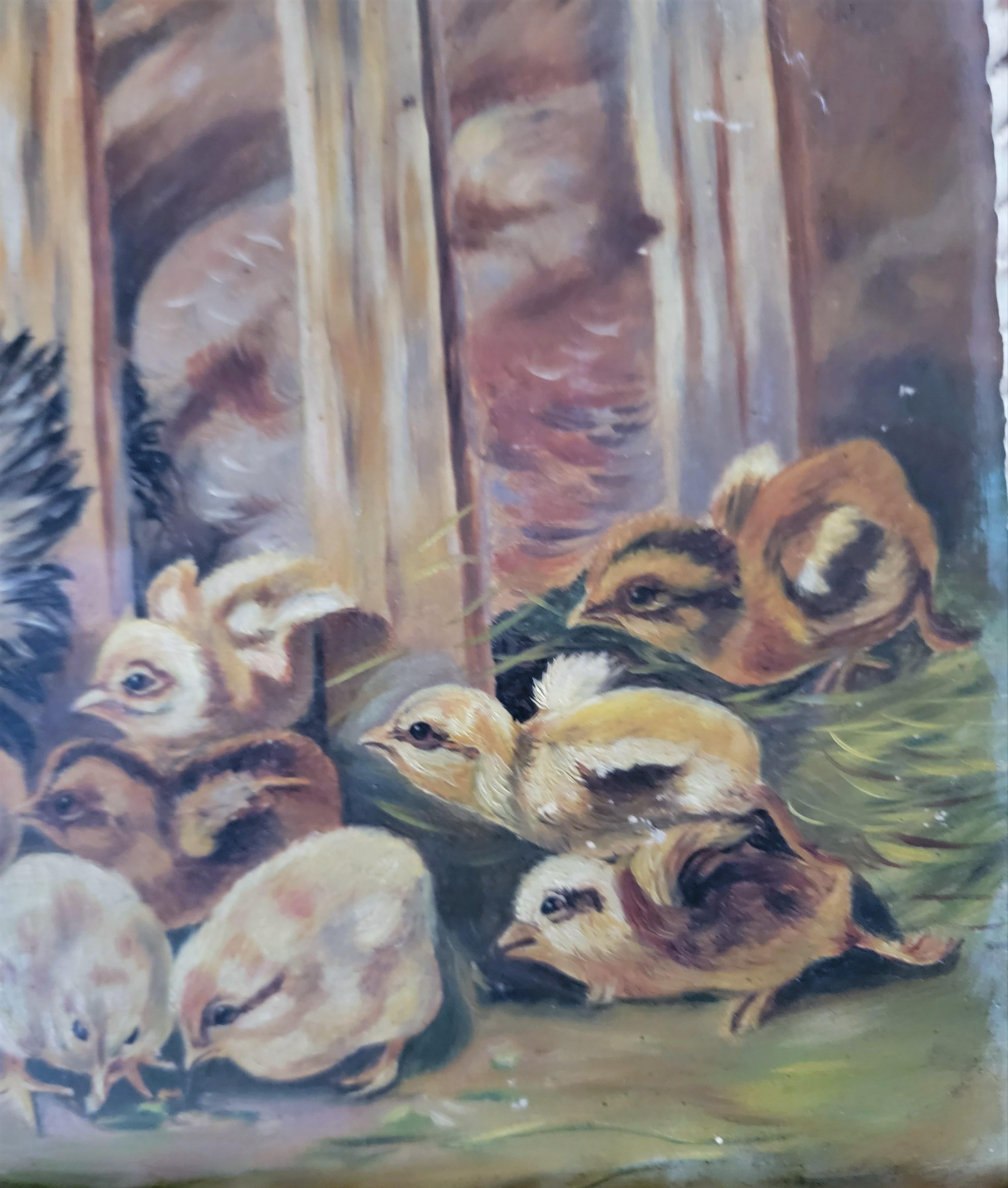 Hand-Painted Hen and Chick Oil Painting For Sale