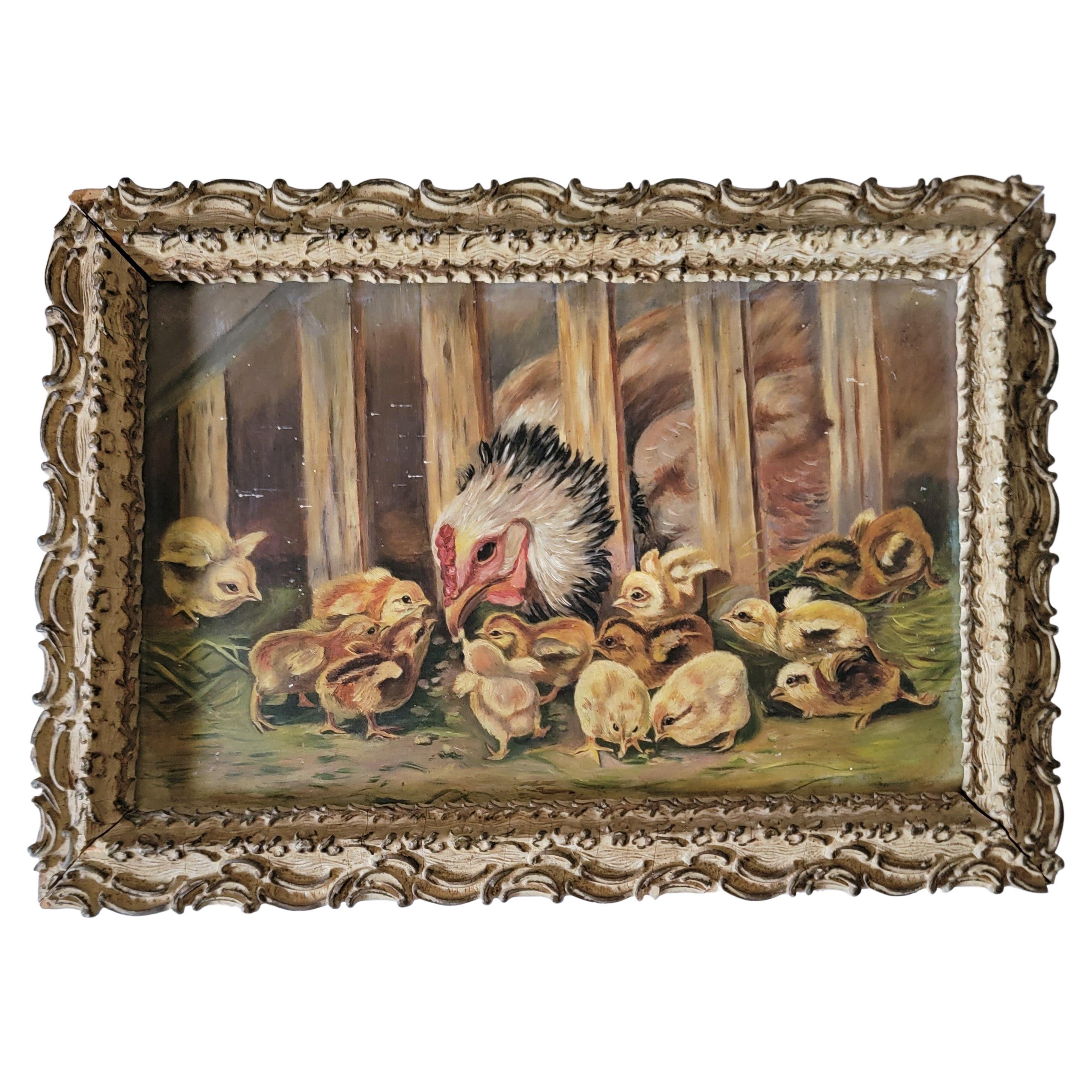 Hen and Chick Oil Painting For Sale