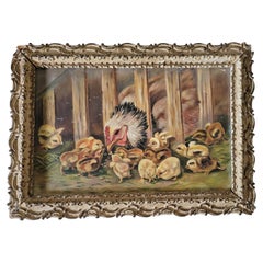 Vintage Hen and Chick Oil Painting