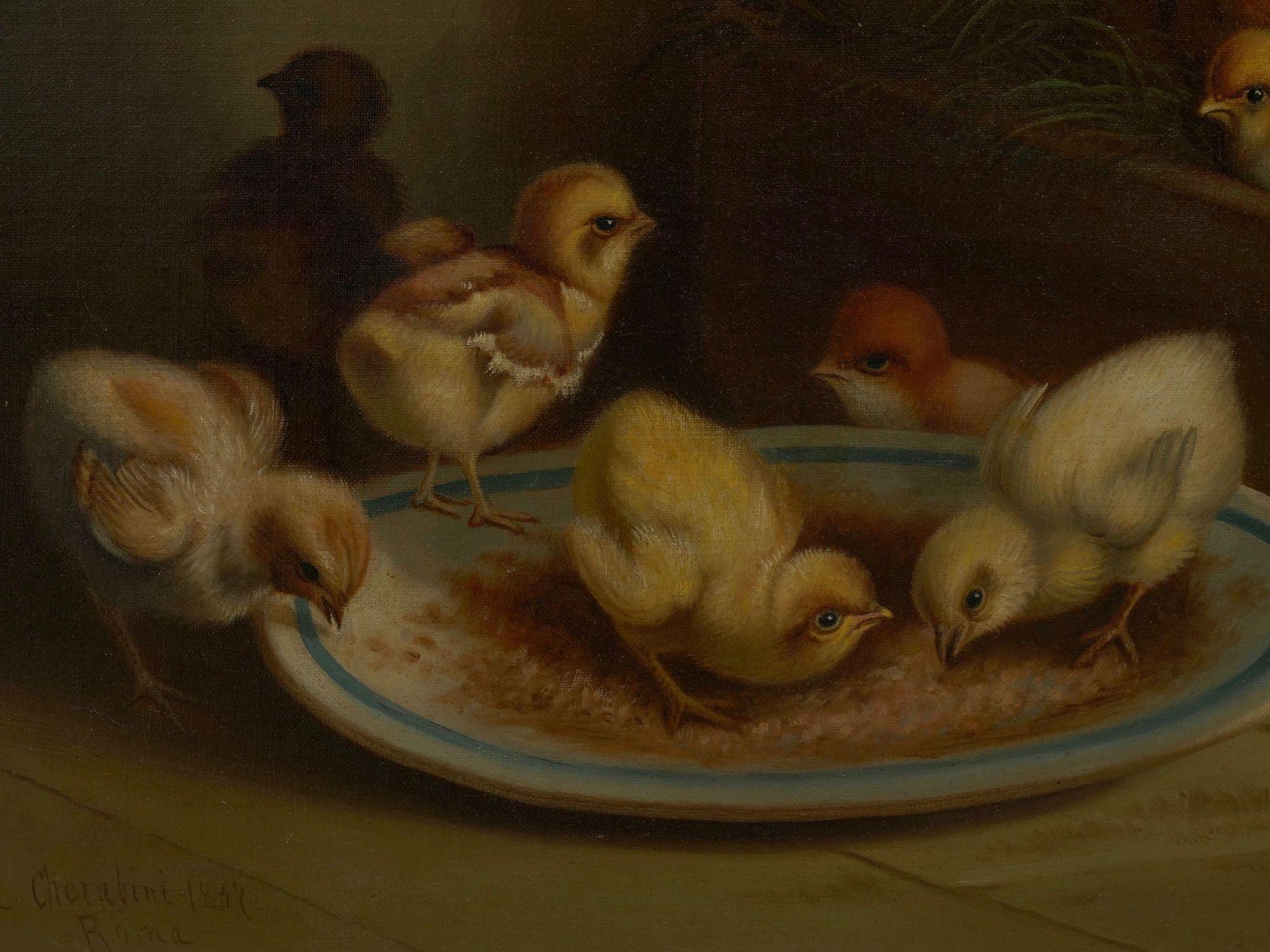 “Hen and Chicks” '1867' Antique Oil Painting by Andrea Cherubini, Italian For Sale 8