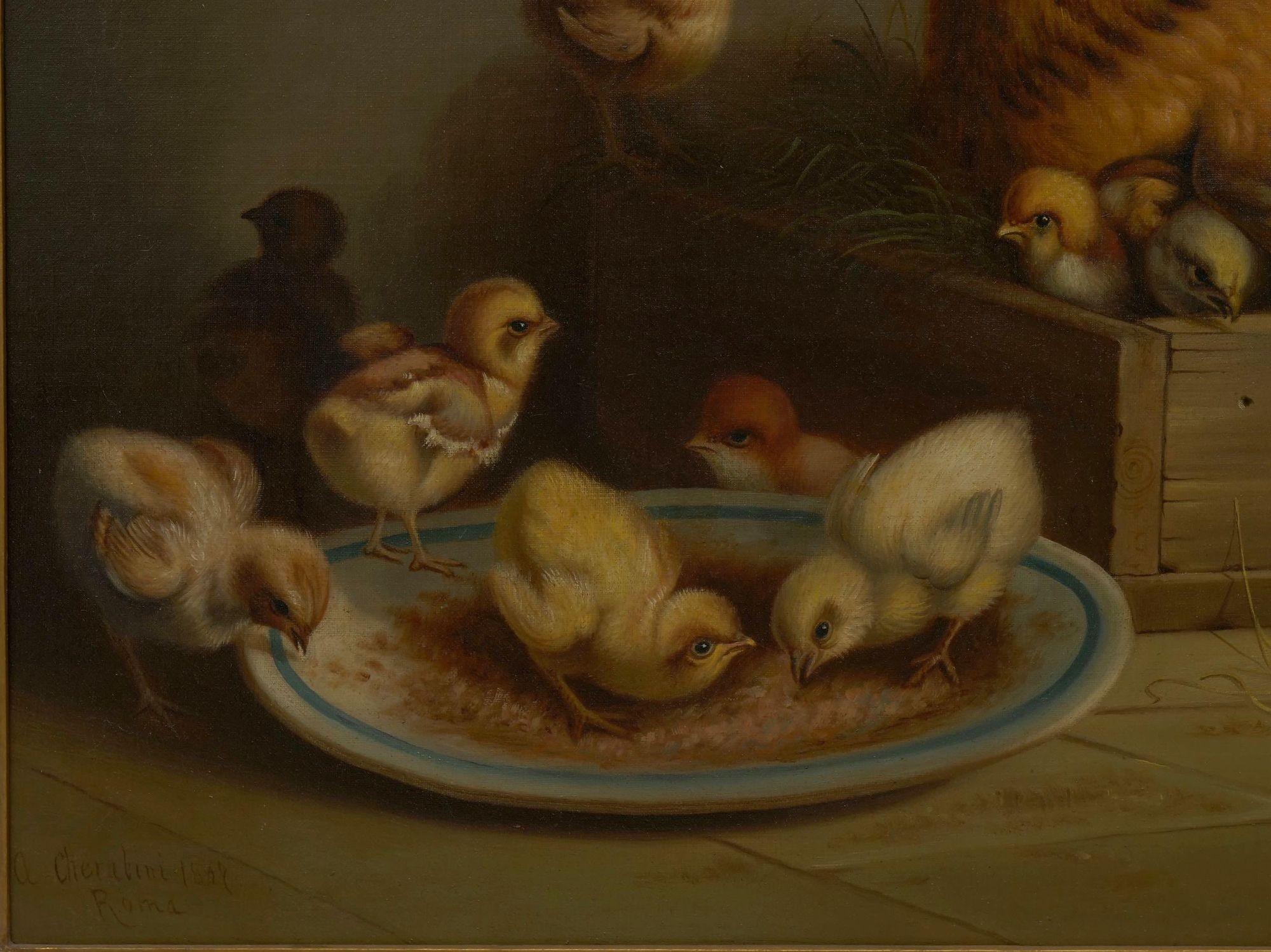 19th Century “Hen and Chicks” '1867' Antique Oil Painting by Andrea Cherubini, Italian For Sale