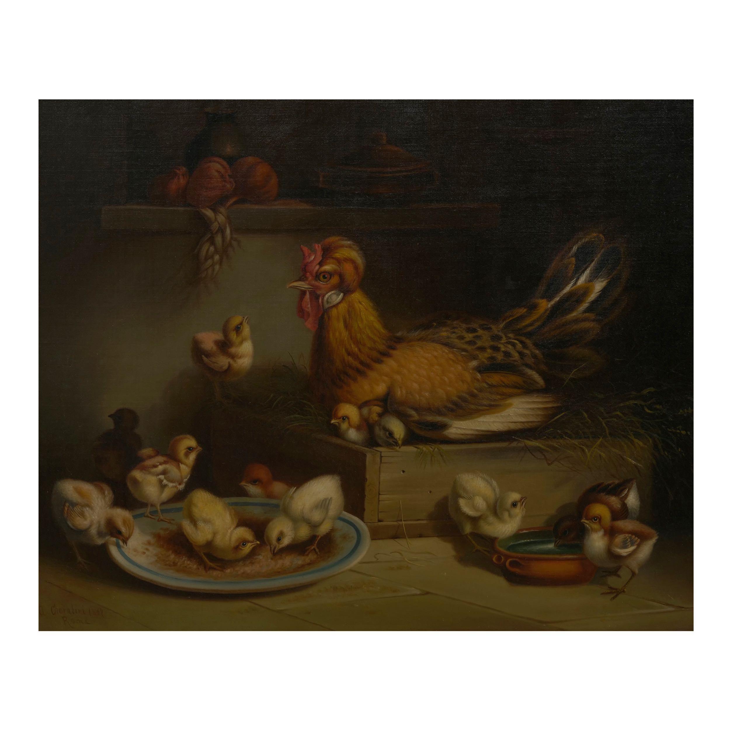 Ancienne peinture à l'huile italienne - Poule et poussins par Andrea Cherubini, 1867