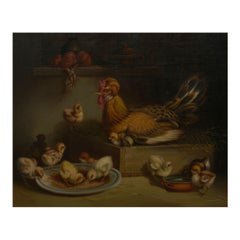 “Hen and Chicks” '1867' Antique Oil Painting by Andrea Cherubini, Italian