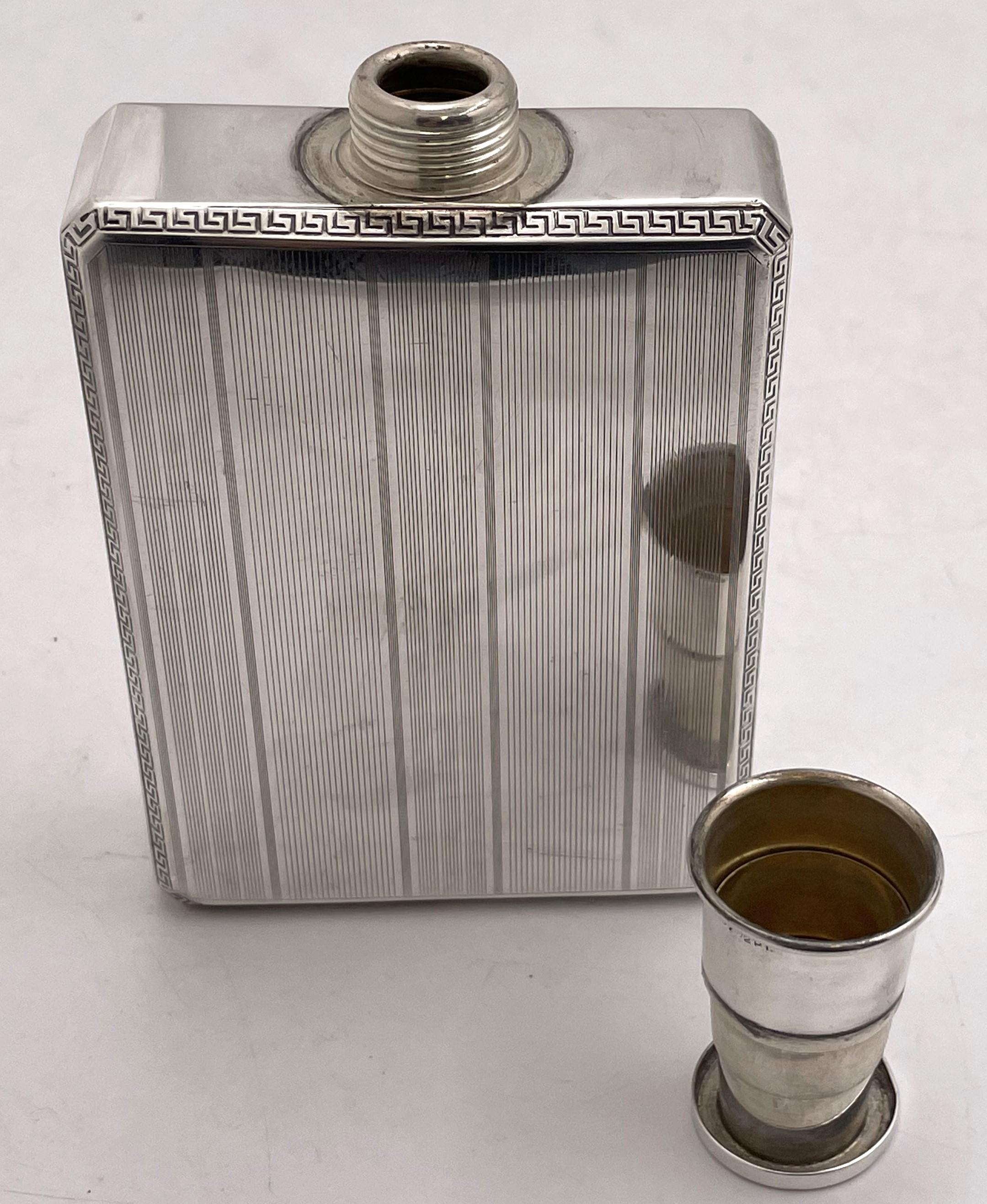 Henckel Sterling Silver Flask with Collapsible Shot Glass Early 20th Century In Good Condition In New York, NY