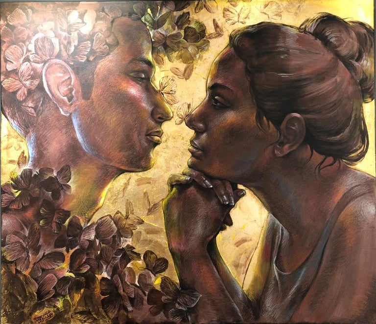"Reproach" Painting 51" x 59" inch by Hend EL Falafly

GLOW 

All of the works in this collection depict the symbiotic exchange of energy between the female and the butterfly. Butterflies catch on the enticing scent of the spiritual essence of all