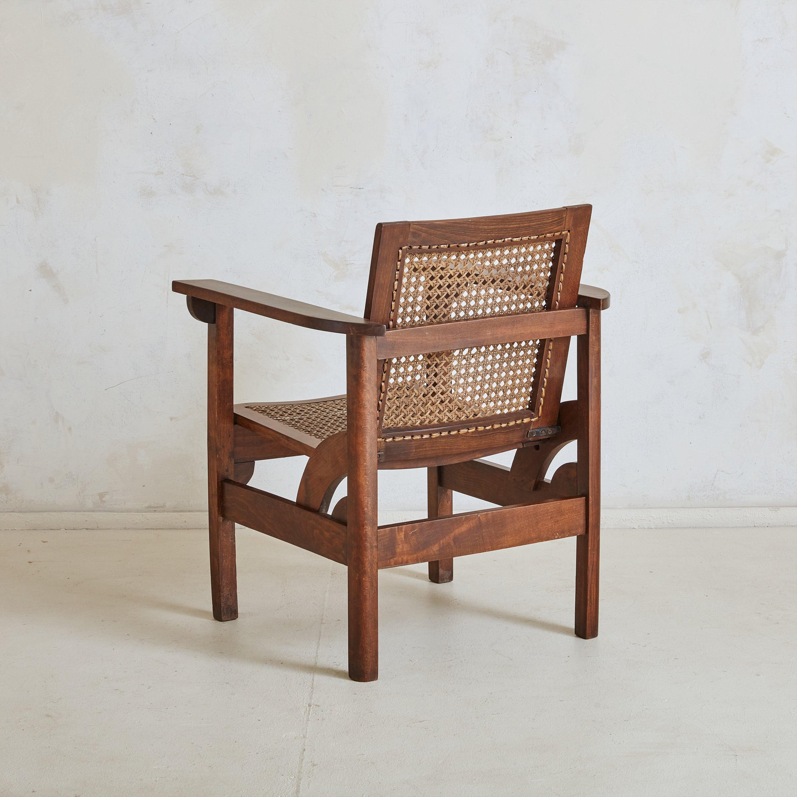 Mid-Century Modern Hendaye' Walnut + Cane Armchair by Pierre Dariel, France 1930s For Sale