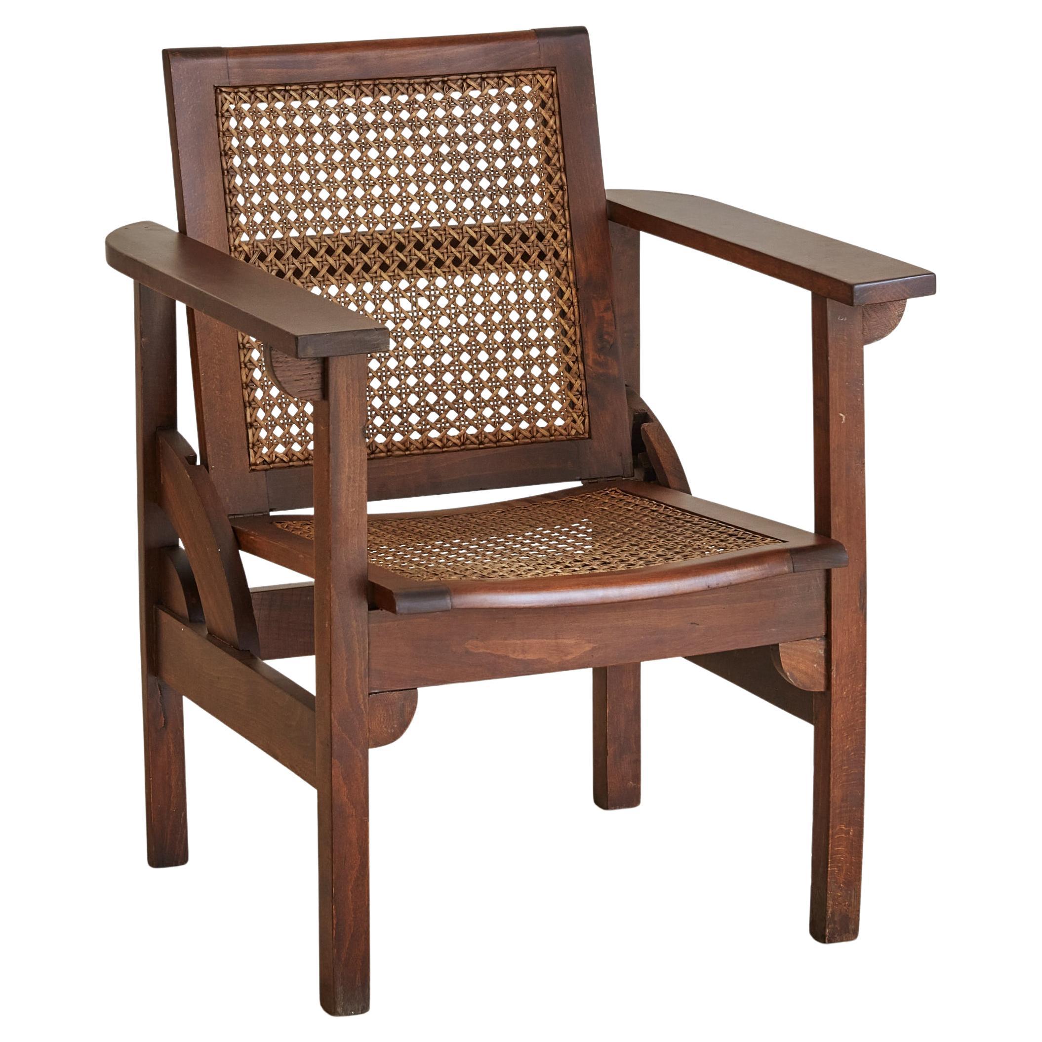 Hendaye' Walnut + Cane Armchair by Pierre Dariel, France 1930s For Sale