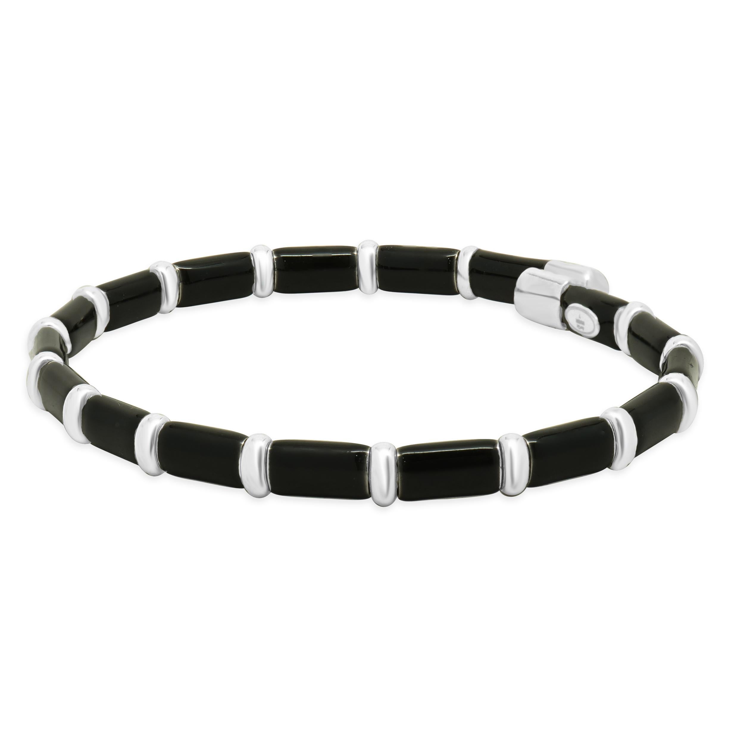 Designer: Henderson Legacy
Material: 18K white gold, sterling silver, black enamel
Dimensions: bracelet will fit a 7-inch wrist
Weight: 14.62 grams