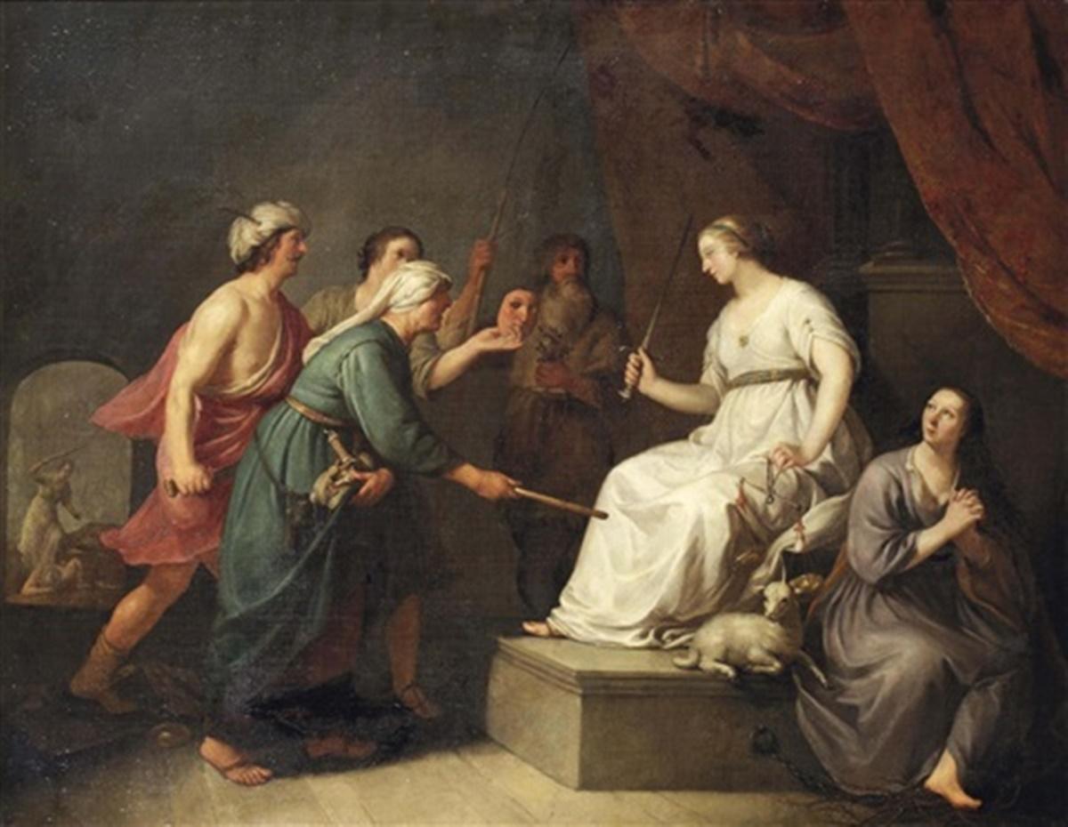 Hendrick Bloemaert
An Allegory of Justitia protecting Innocence from Calumny, Treachery and Deceit
signed and dated 'HBloemaert fc. 1638' (HB linked, lower right, on the pedestal)
oil on canvas
85.5 x 110.3 cm

Provenance 
H. Hoogers, Nijmegen, 7