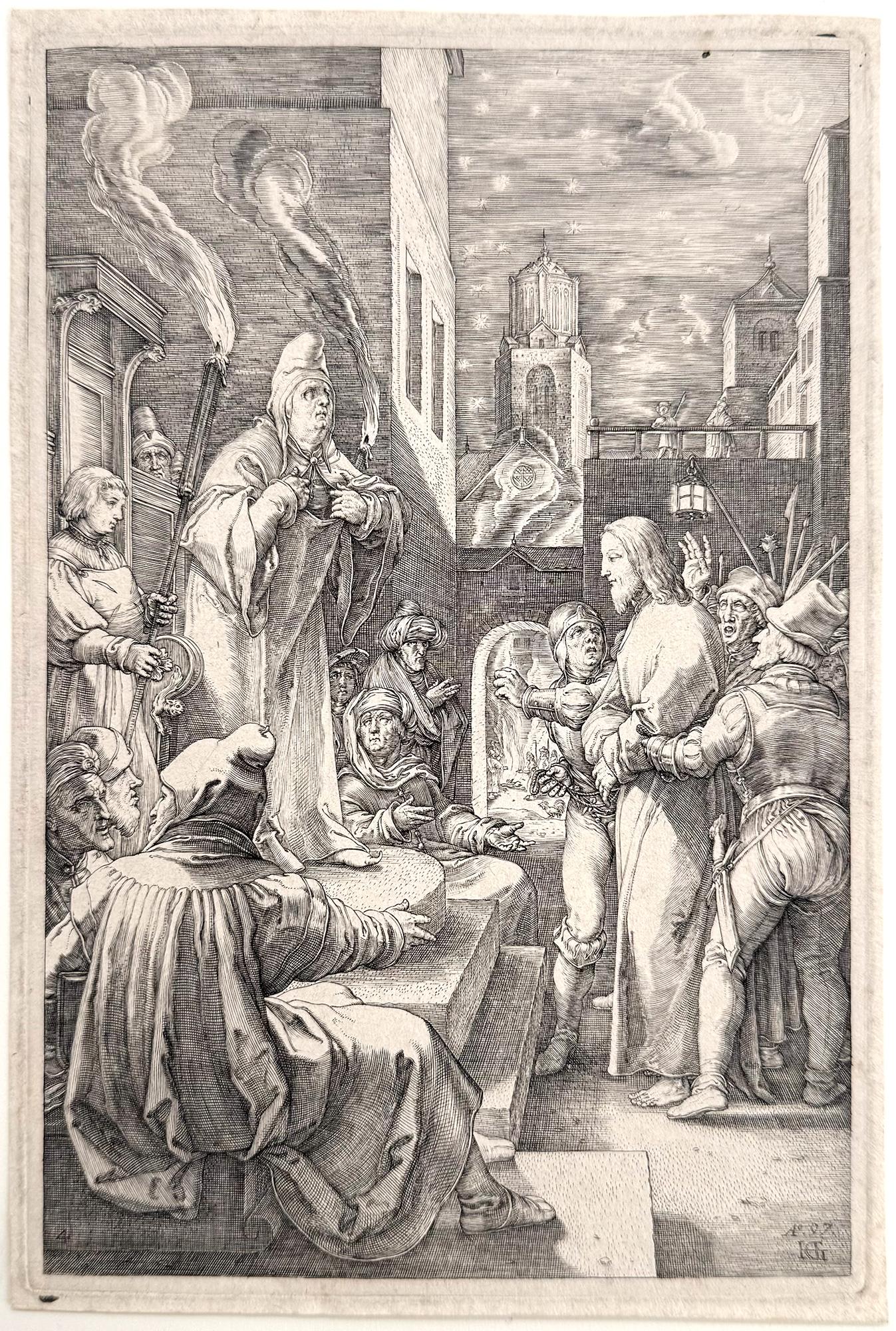 Figurative Print Hendrick Goltzius - Le Christ devant Caïphe ; planche 4 de La Passion du Christ