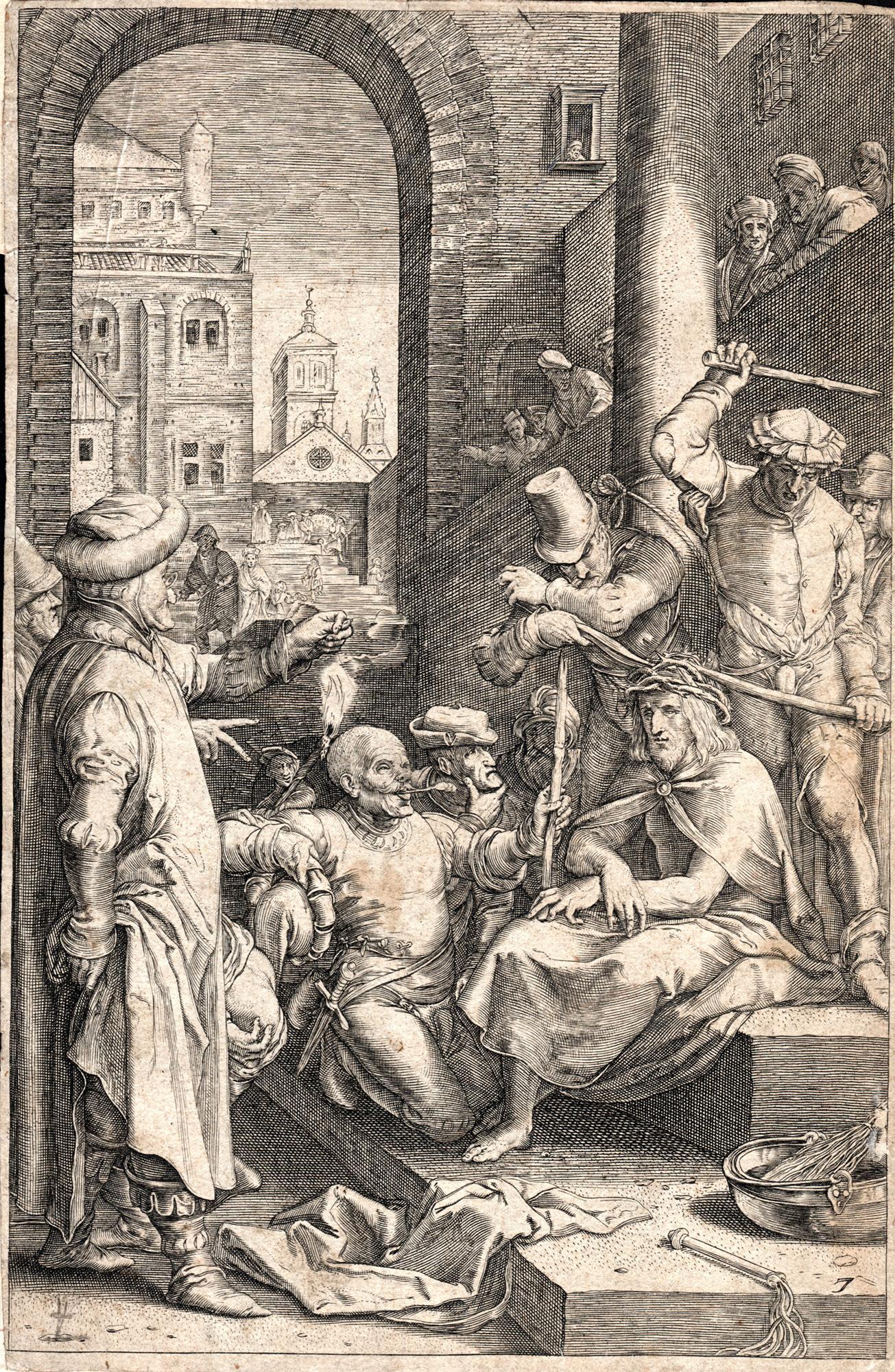Hendrick Goltzius Landscape Print – Christ mit Thornen gekrönt, aus der Passion Christi