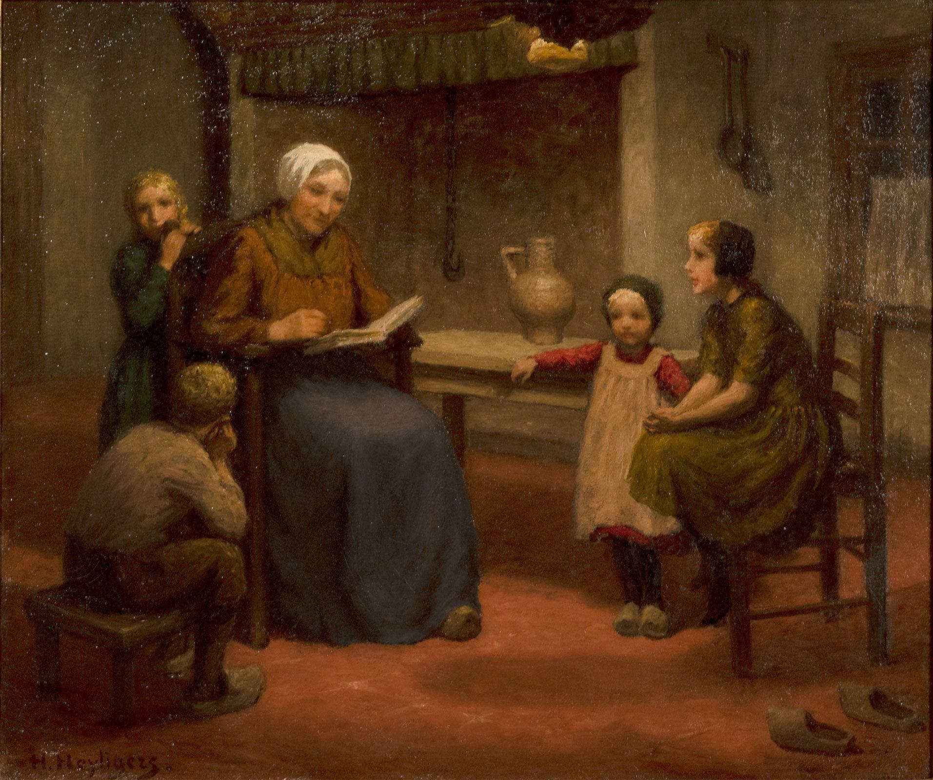 In this charming painting, the artist captures the tender moment of a mother reading to her children in their humble but warm and loving Dutch home. The children are gathered around her and listen attentively to the story. Measures: 21 x 25