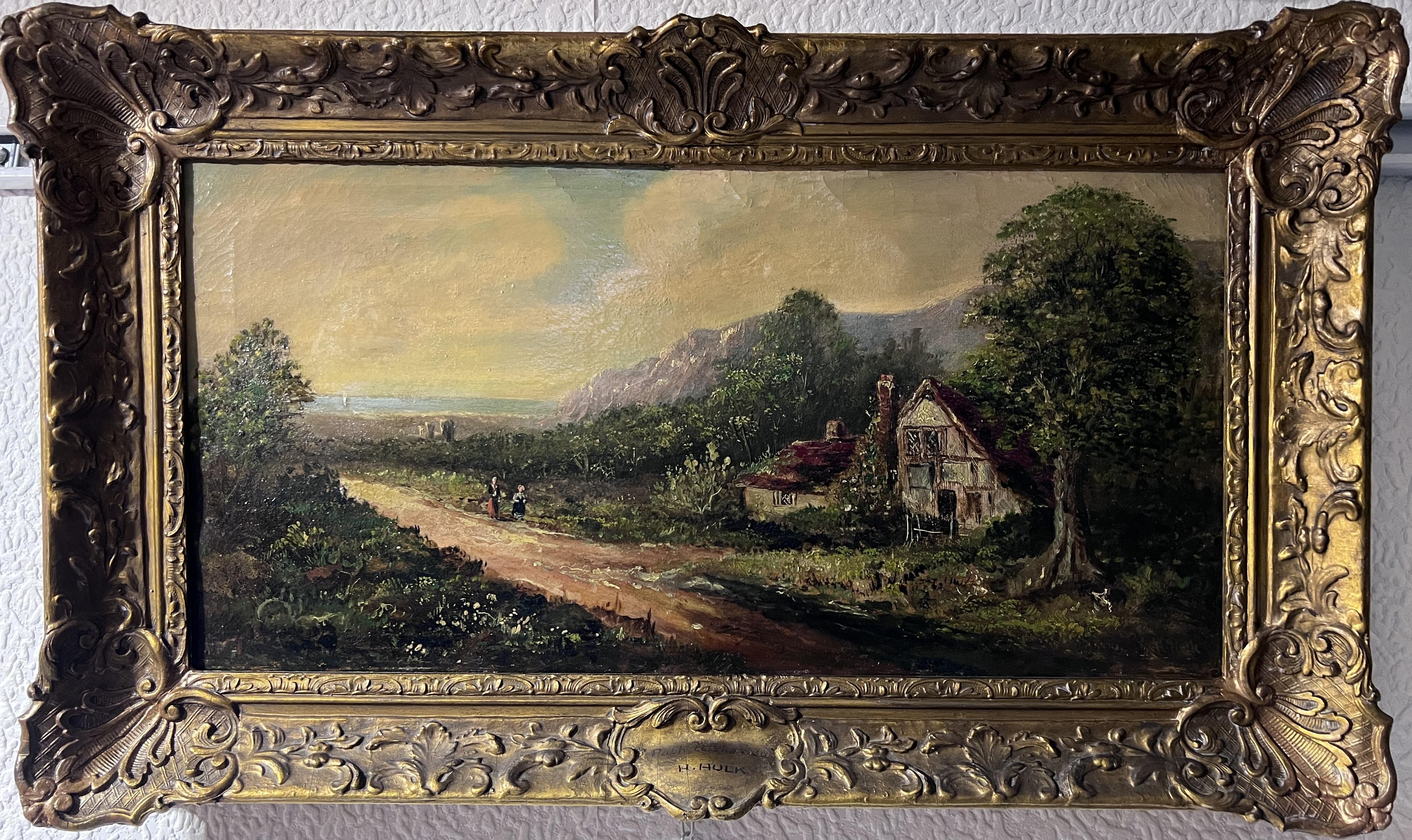 This is a lovely antique original oil painting on canvas depicting  a classic Dutch rural landscape, highlighting an idyllic country scene that is both tranquil and picturesque. It features a central dirt path leading towards the horizon, flanked by