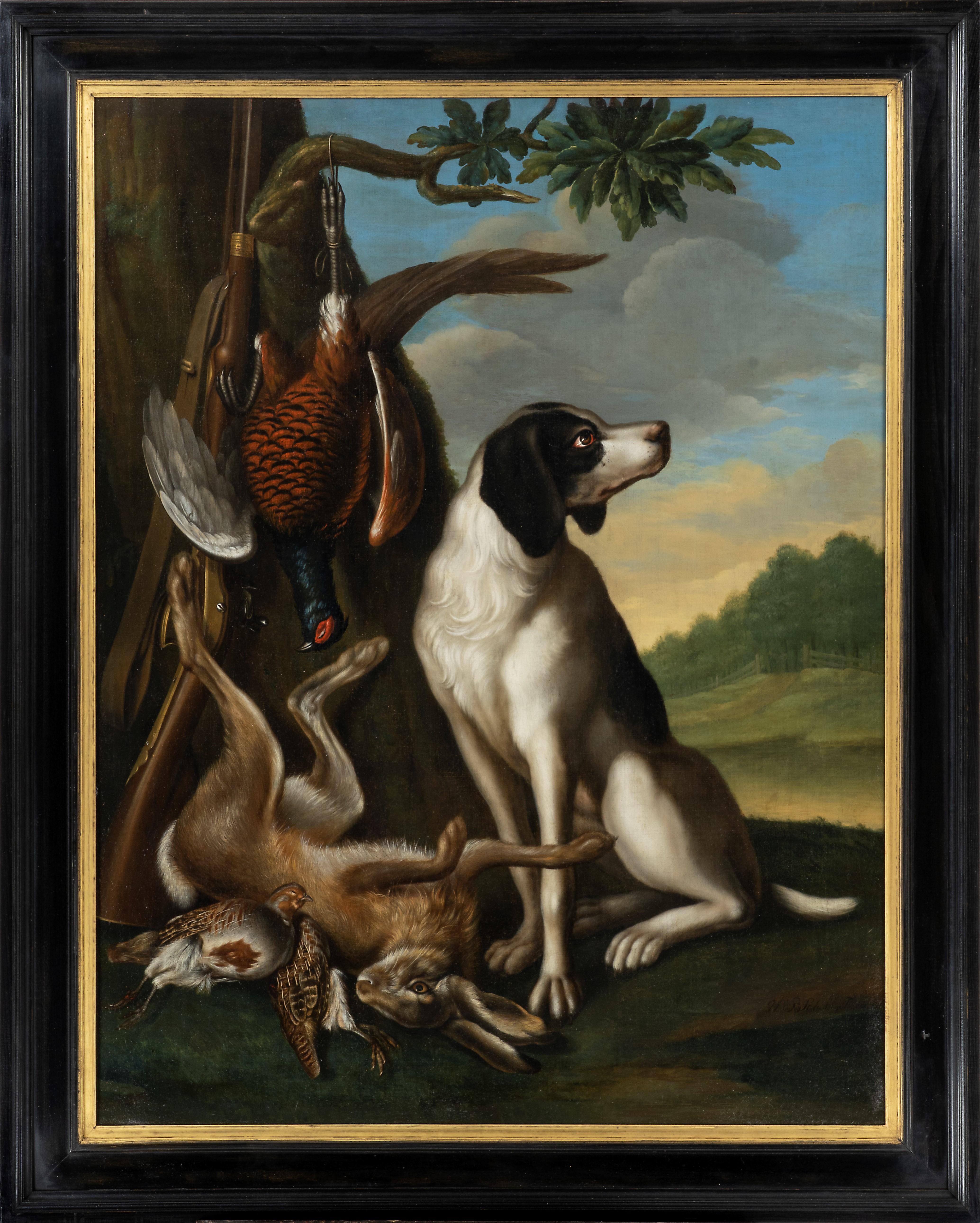 Hendrick Jan Scholl Animal Painting – Ein Jagdhund und Wild in einer Waldlandschaft
